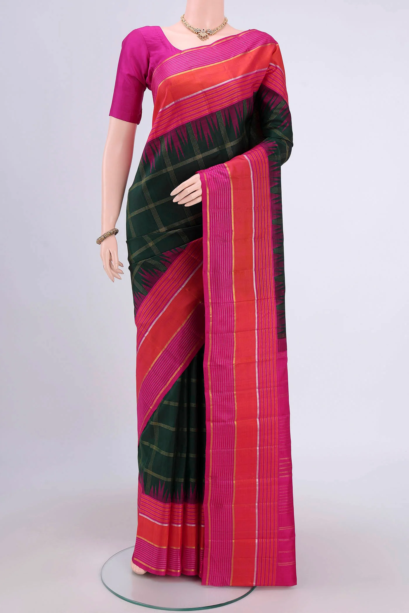 Pure Silk Pure Zari Bottle Green Kanjivaram Saree