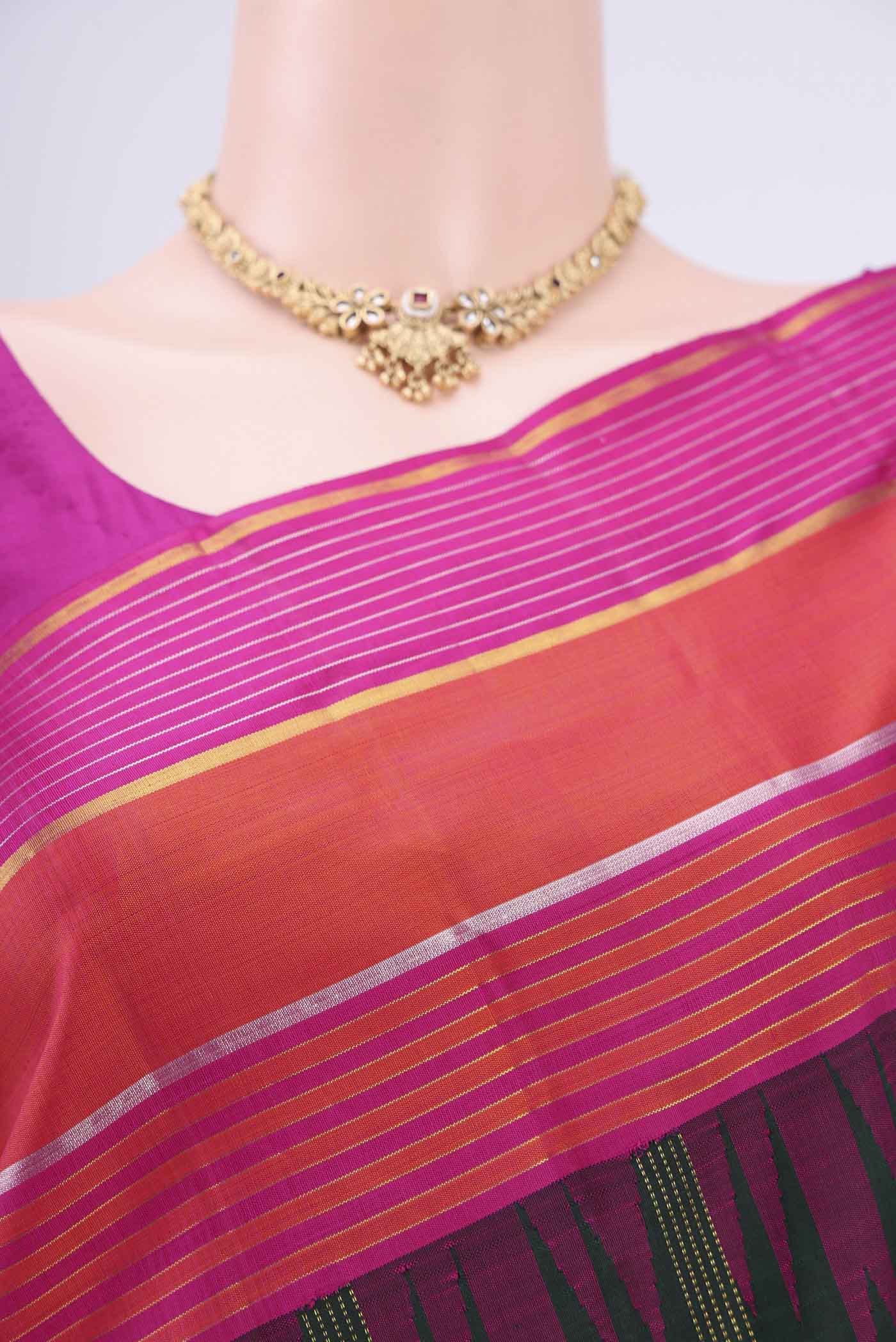 Pure Silk Pure Zari Bottle Green Kanjivaram Saree - Image 2