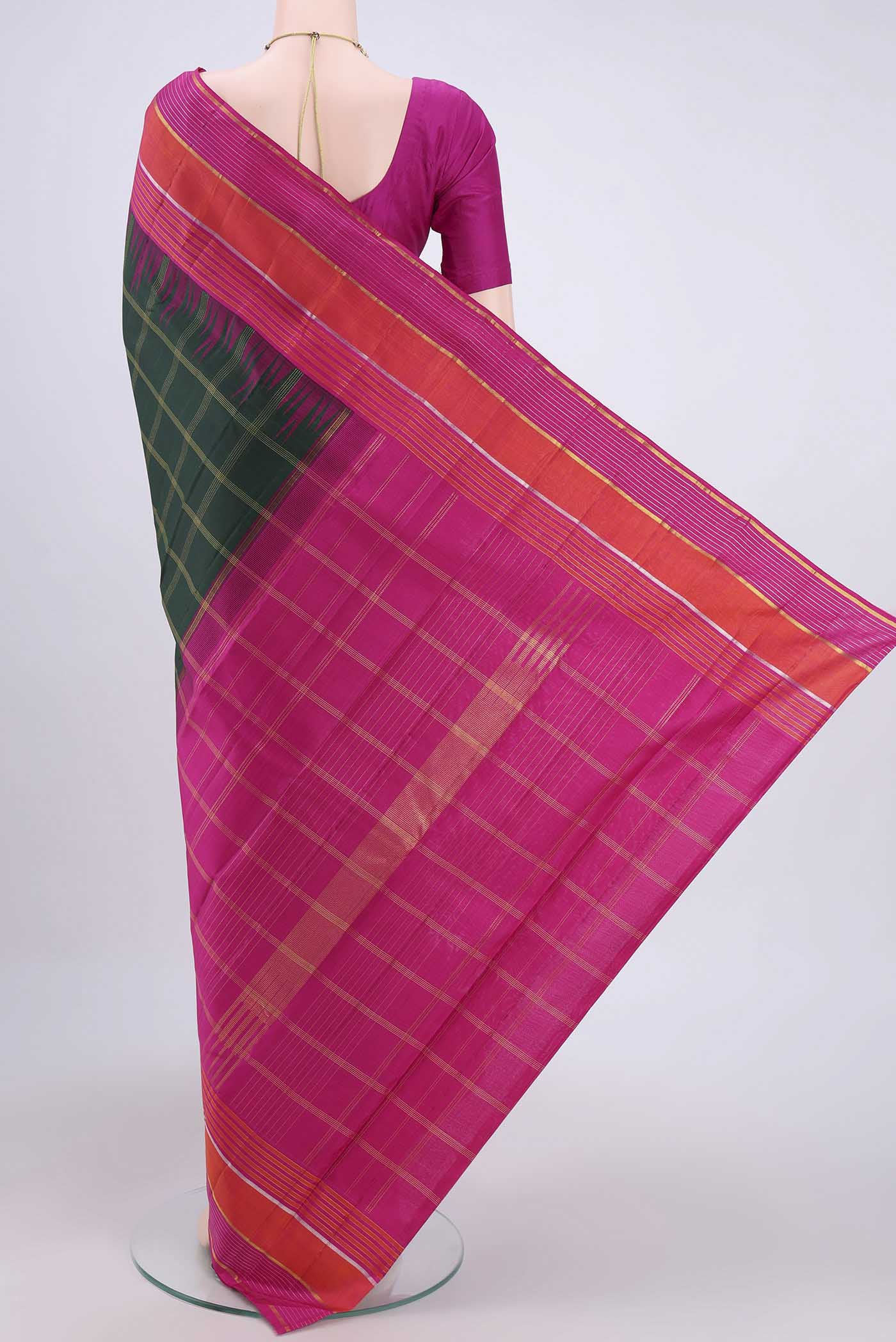 Pure Silk Pure Zari Bottle Green Kanjivaram Saree - Image 3