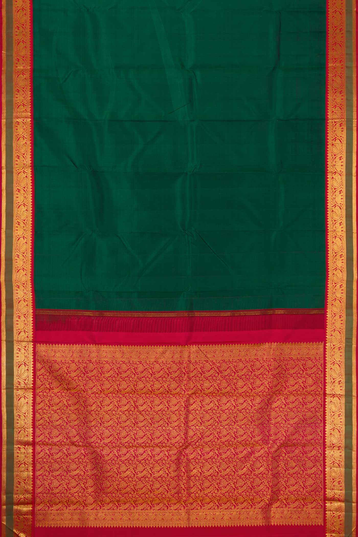 Pure Silk Pure Zari Bottle Green Kanjivaram Saree - Image 6