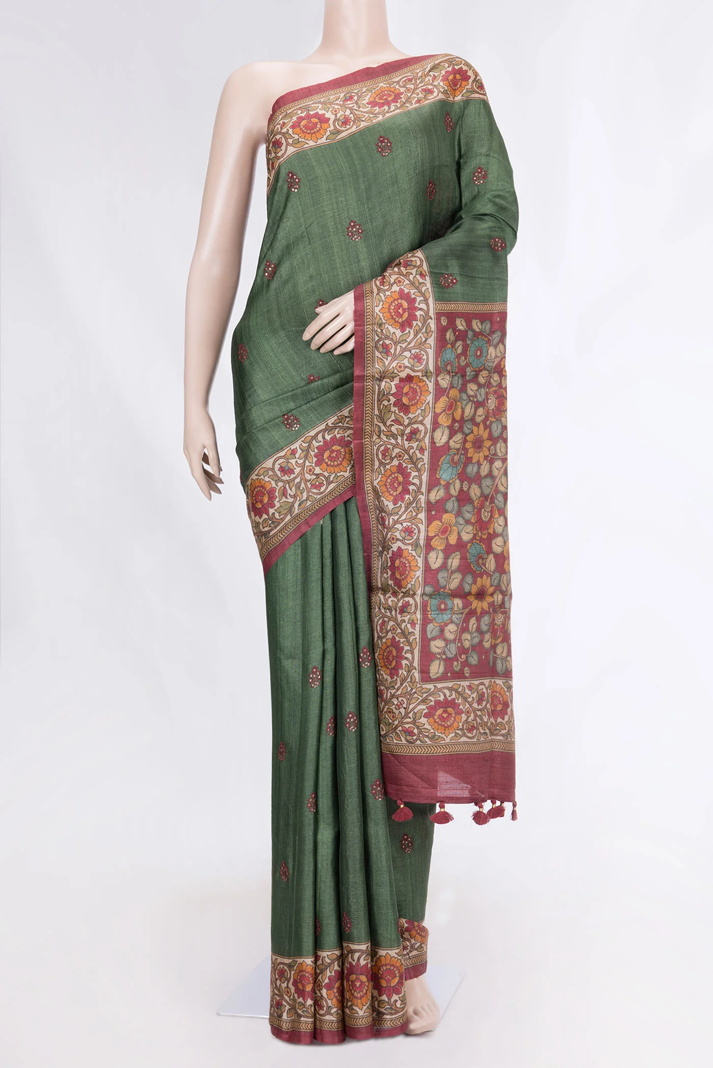Bottle Green Dual Tone Tussar Silk Saree