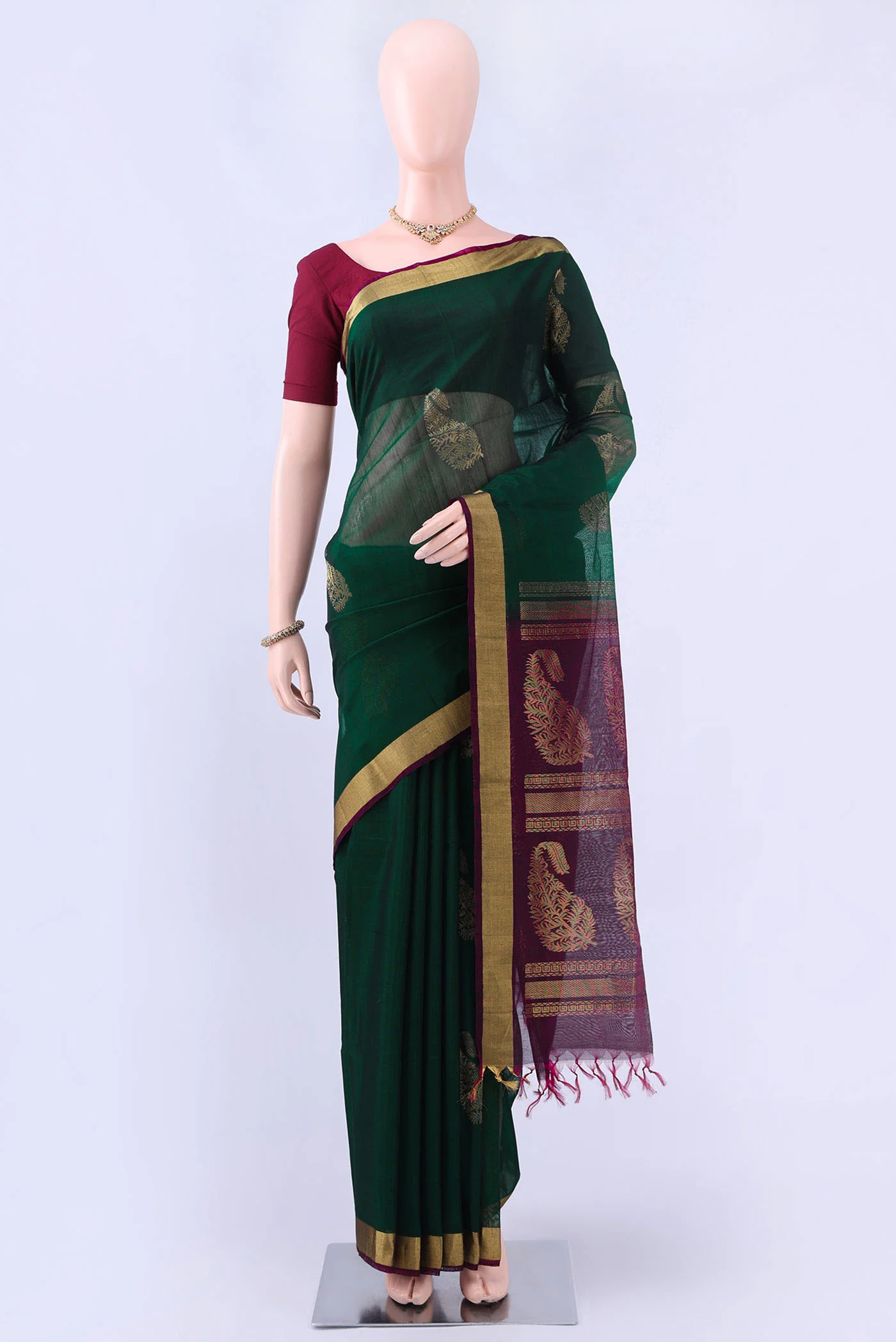 Bottle Green Kora Cotton Saree