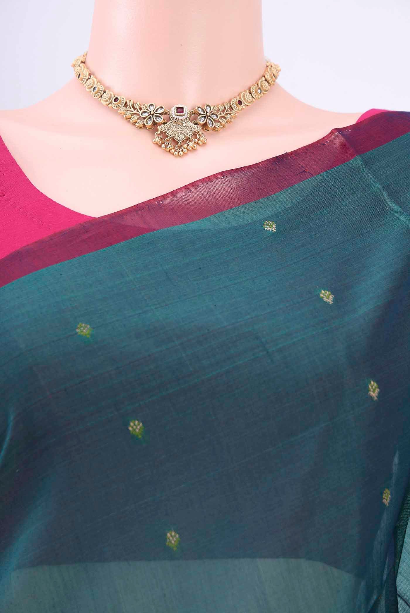 Bottle Green Kora Cotton Saree - Image 2