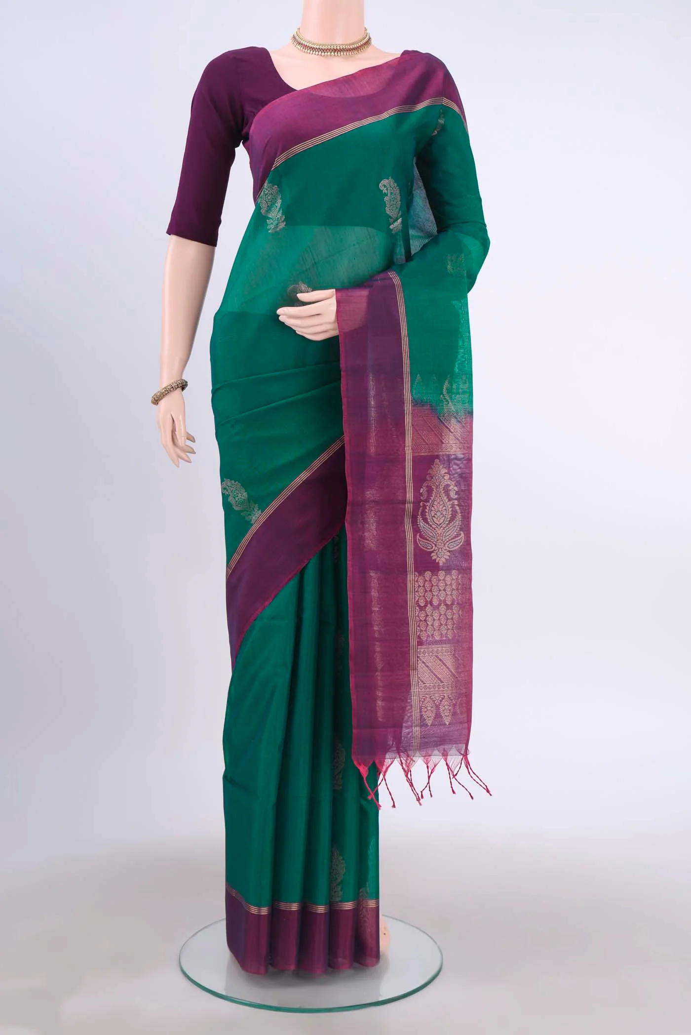 Bottle Green Kora Cotton Saree