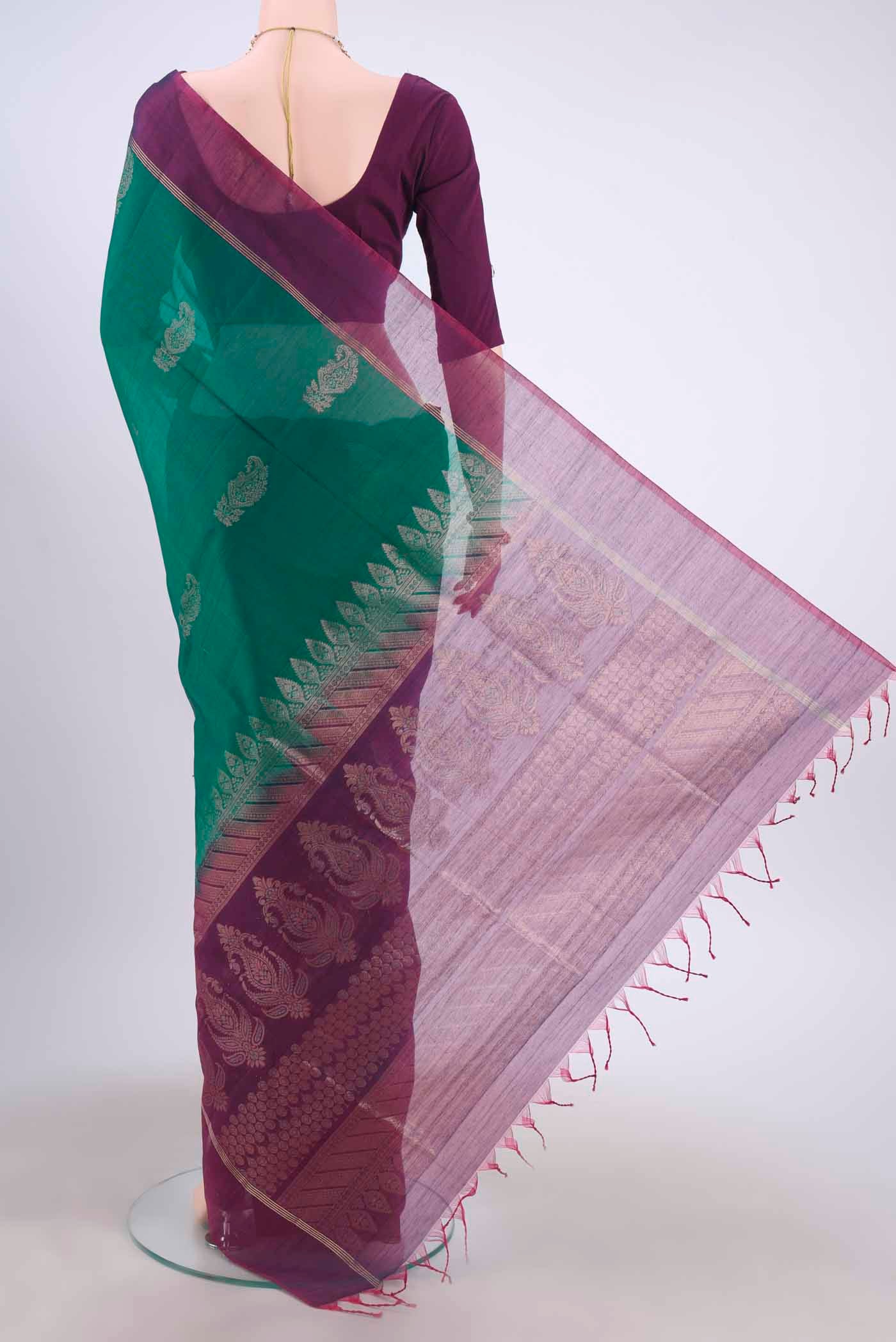 Bottle Green Kora Cotton Saree - Image 3