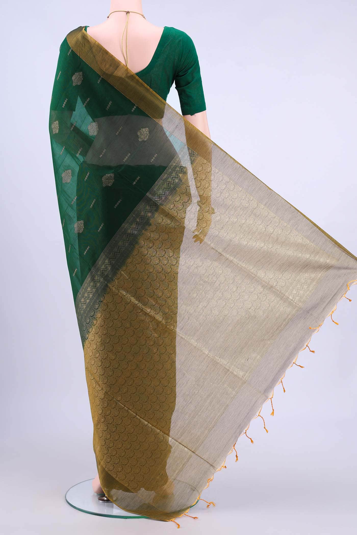 Bottle Green Kora Cotton Saree - Image 2