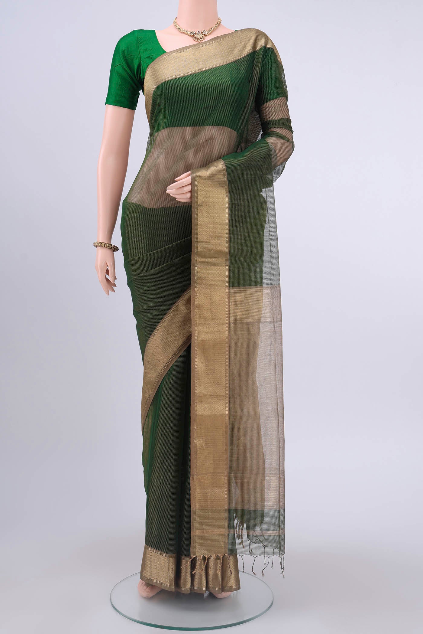Bottle Green Maheshwari Silk Cotton Saree