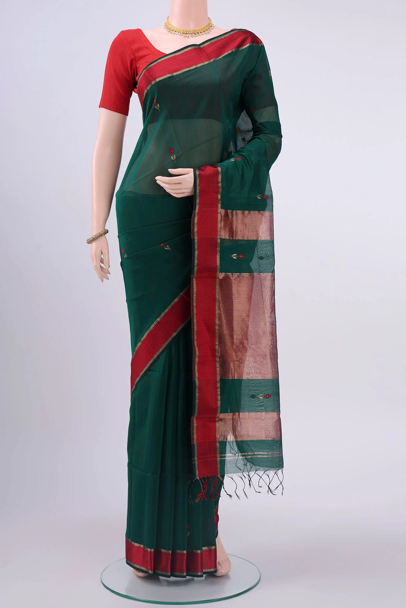 Bottle Green Maheshwari Silk Cotton Saree