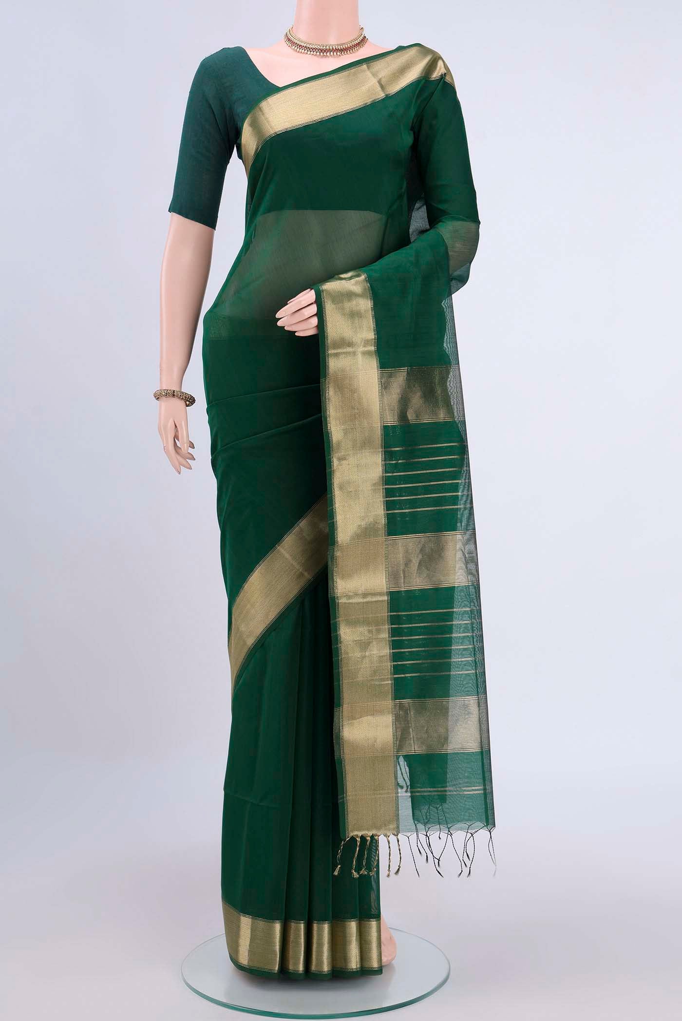 Bottle Green Maheshwari Silk Cotton Saree