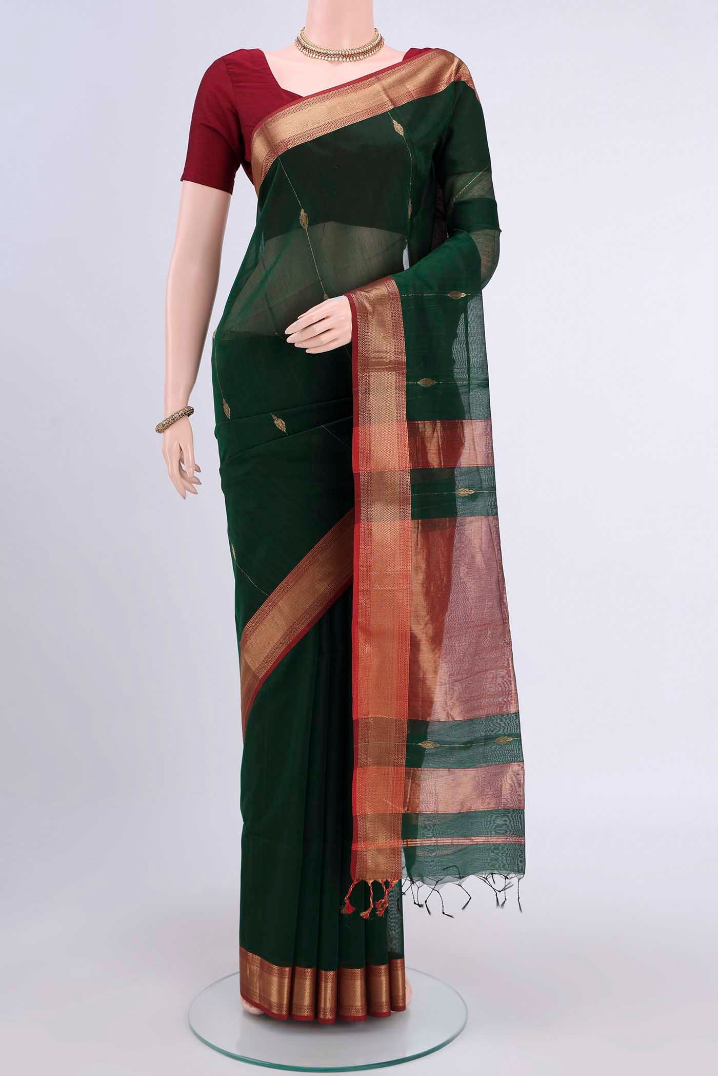 Bottle Green Maheshwari Silk Cotton Saree