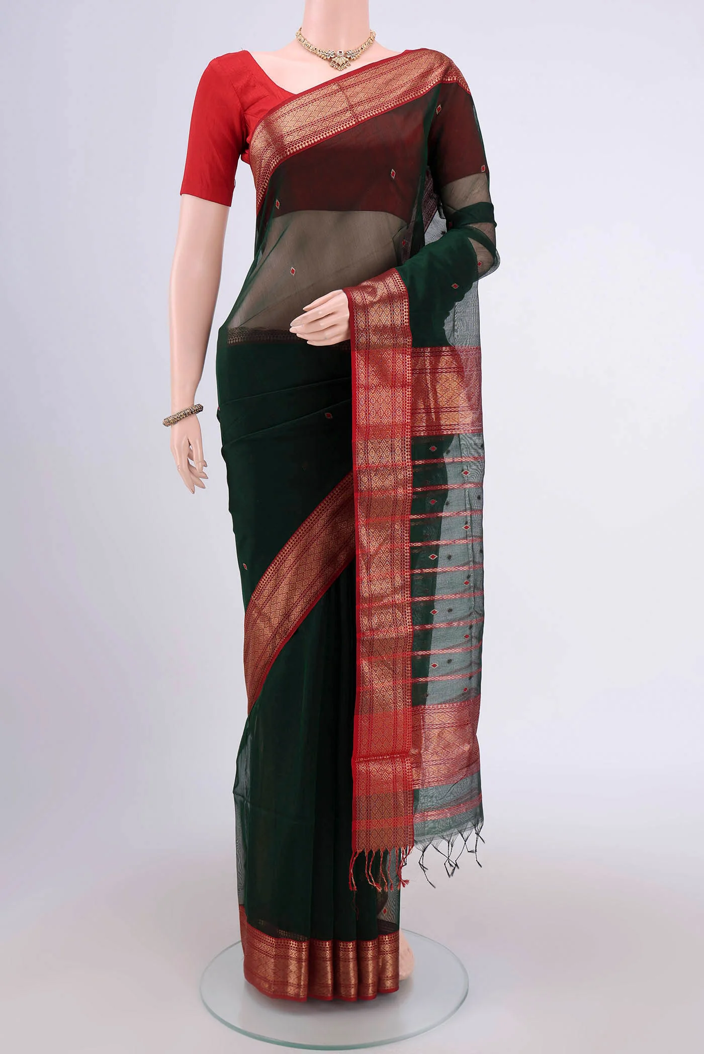 Bottle Green Maheshwari Silk Cotton Saree