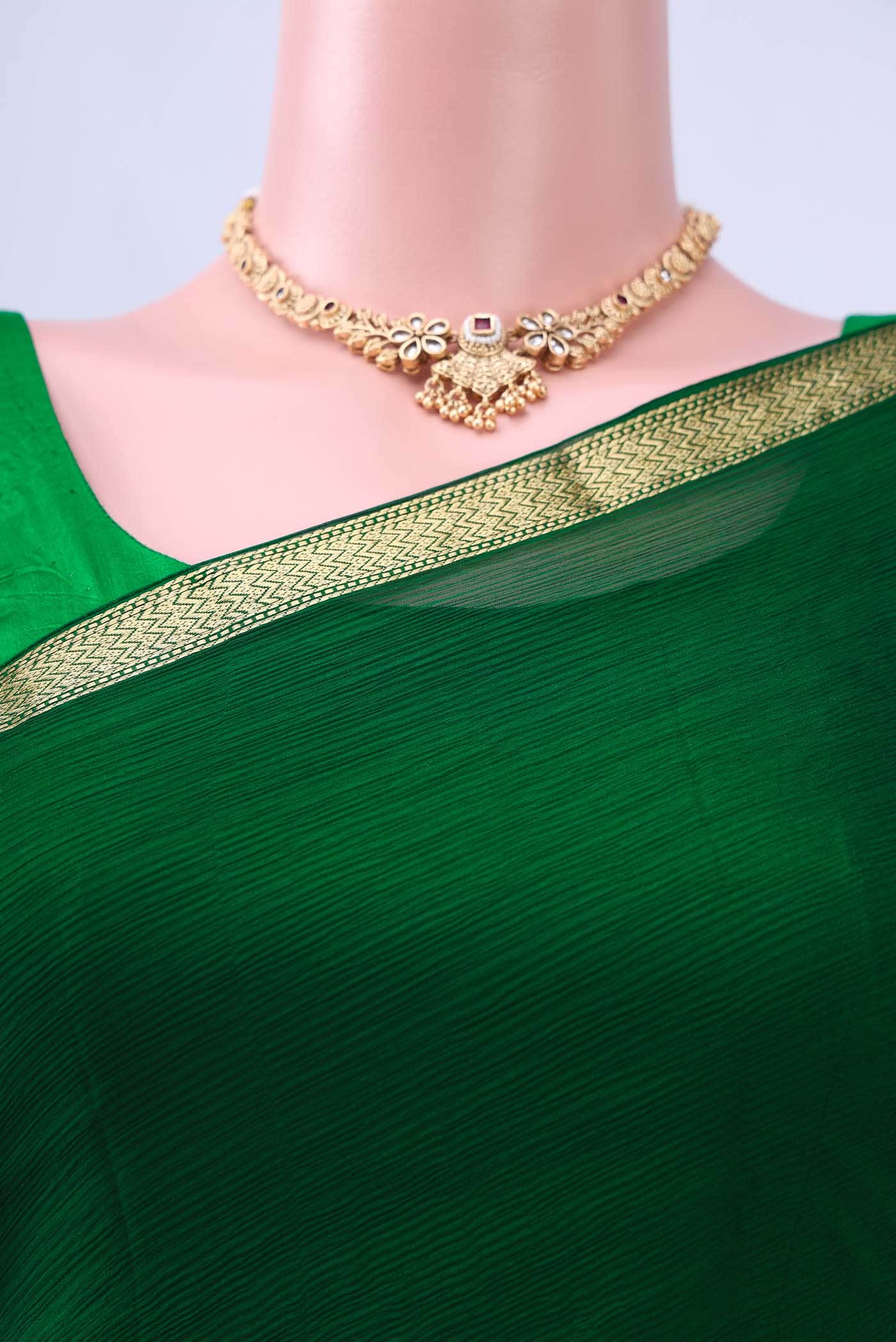 Bottle Green Mysore Chiffon Saree - Image 3