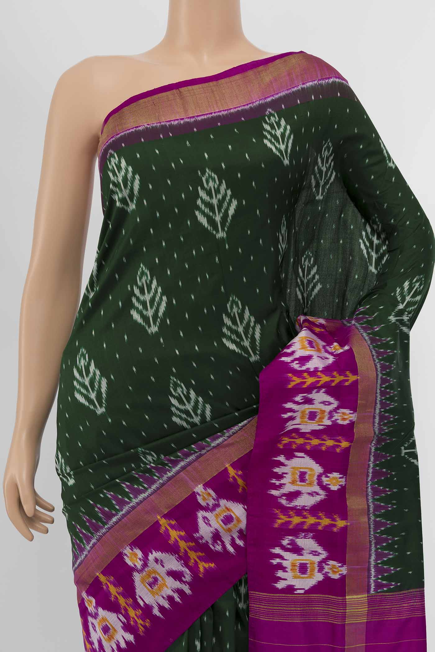 Bottle Green Pochampally Silk Saree - Image 2
