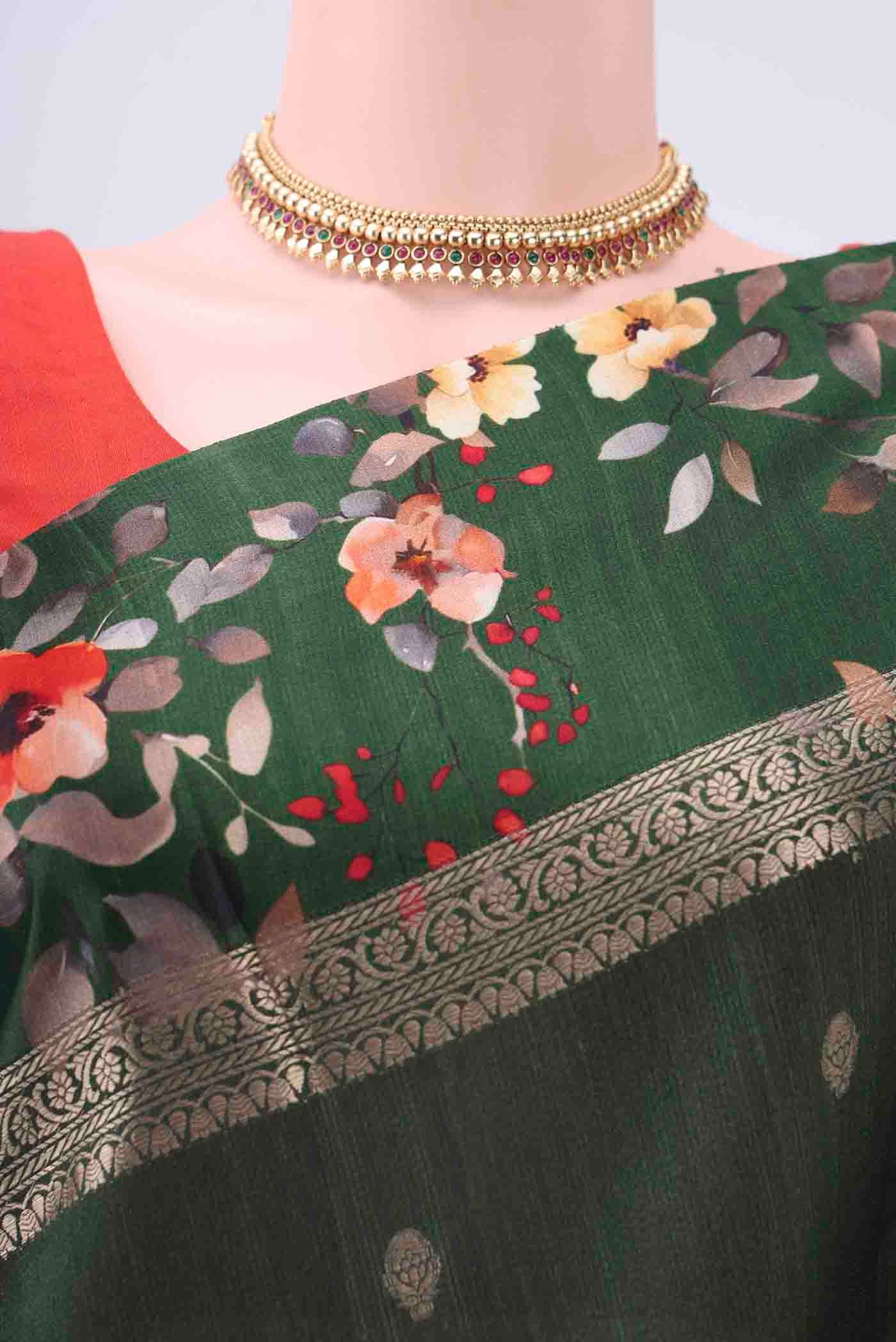 Bottle Green Tussar Silk Saree - Image 2