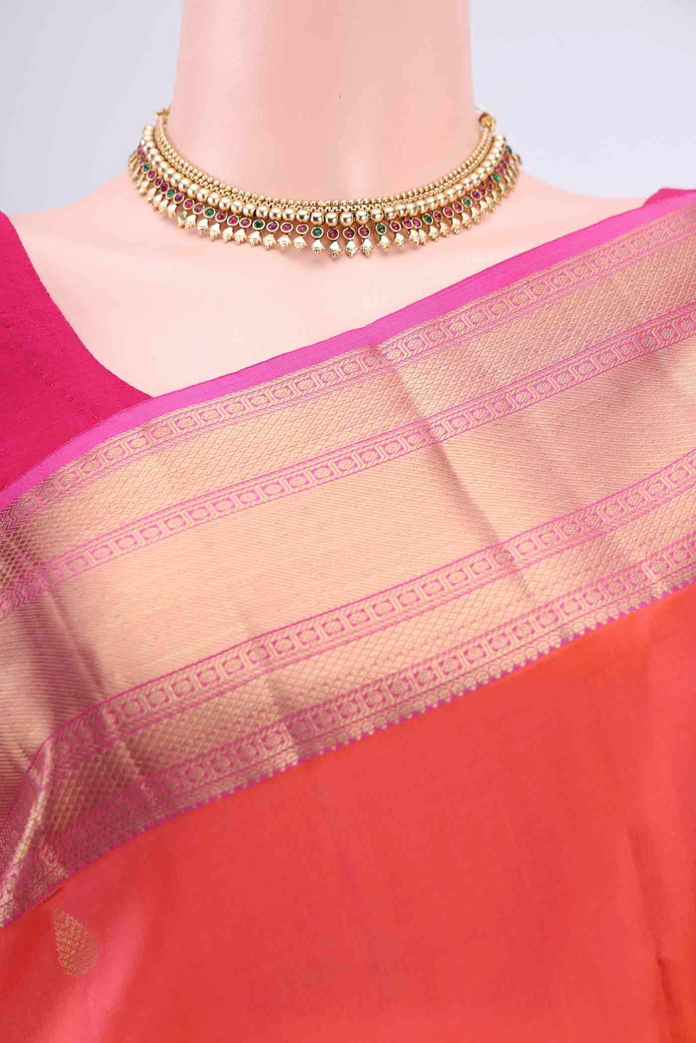 Orange with Pink Color Kanchipuram Silk Saree - Image 2