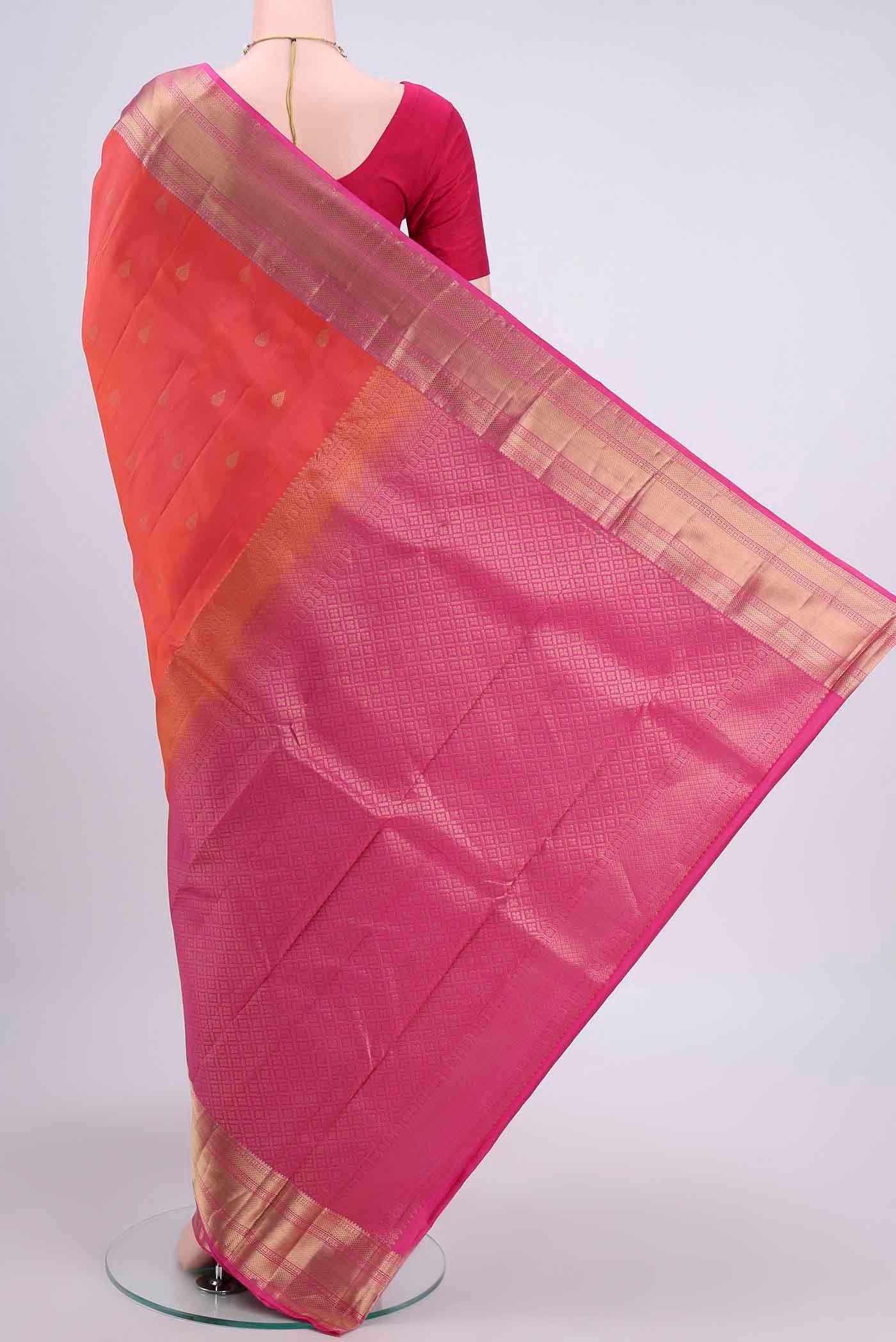 Orange with Pink Color Kanchipuram Silk Saree - Image 3