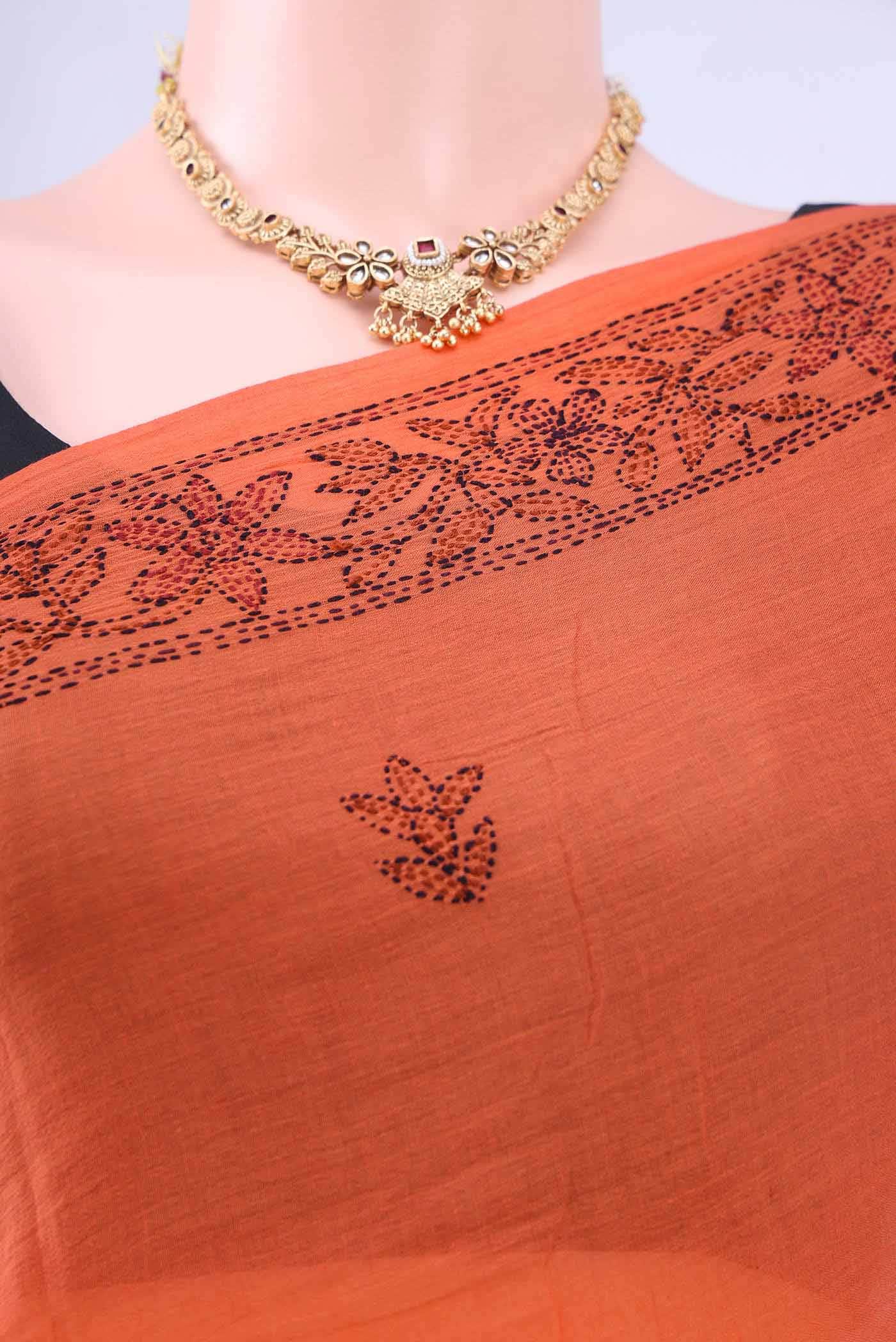 Brick Orange Kantha Silk Saree - Image 3