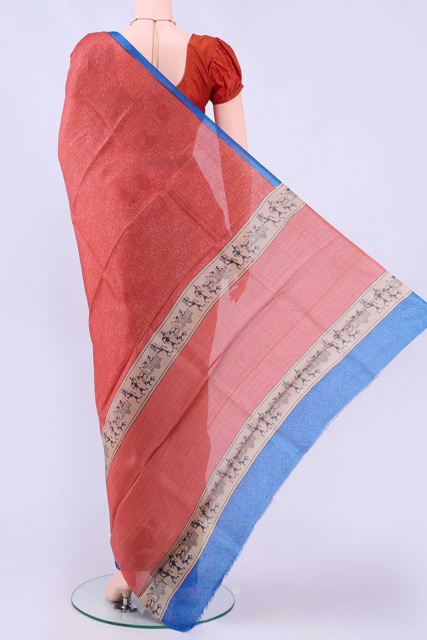 Brick Orange Printed Silk Saree - Image 3