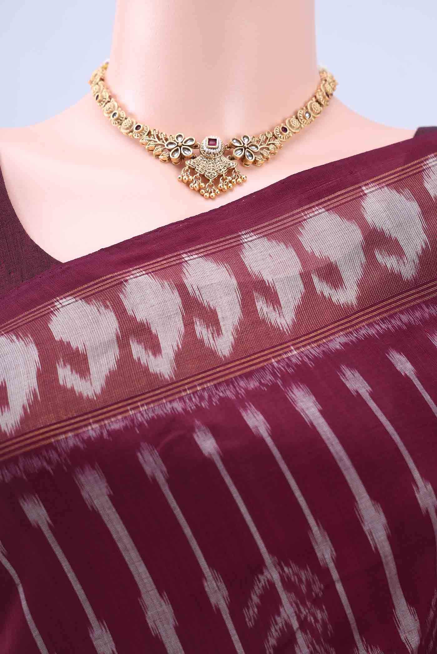 Brown Pochampally Cotton Saree - Image 3