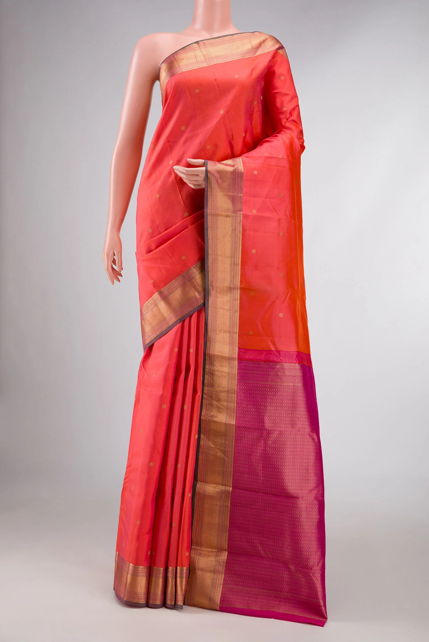 Coral Dual Tone Kanchipuram Silk Saree