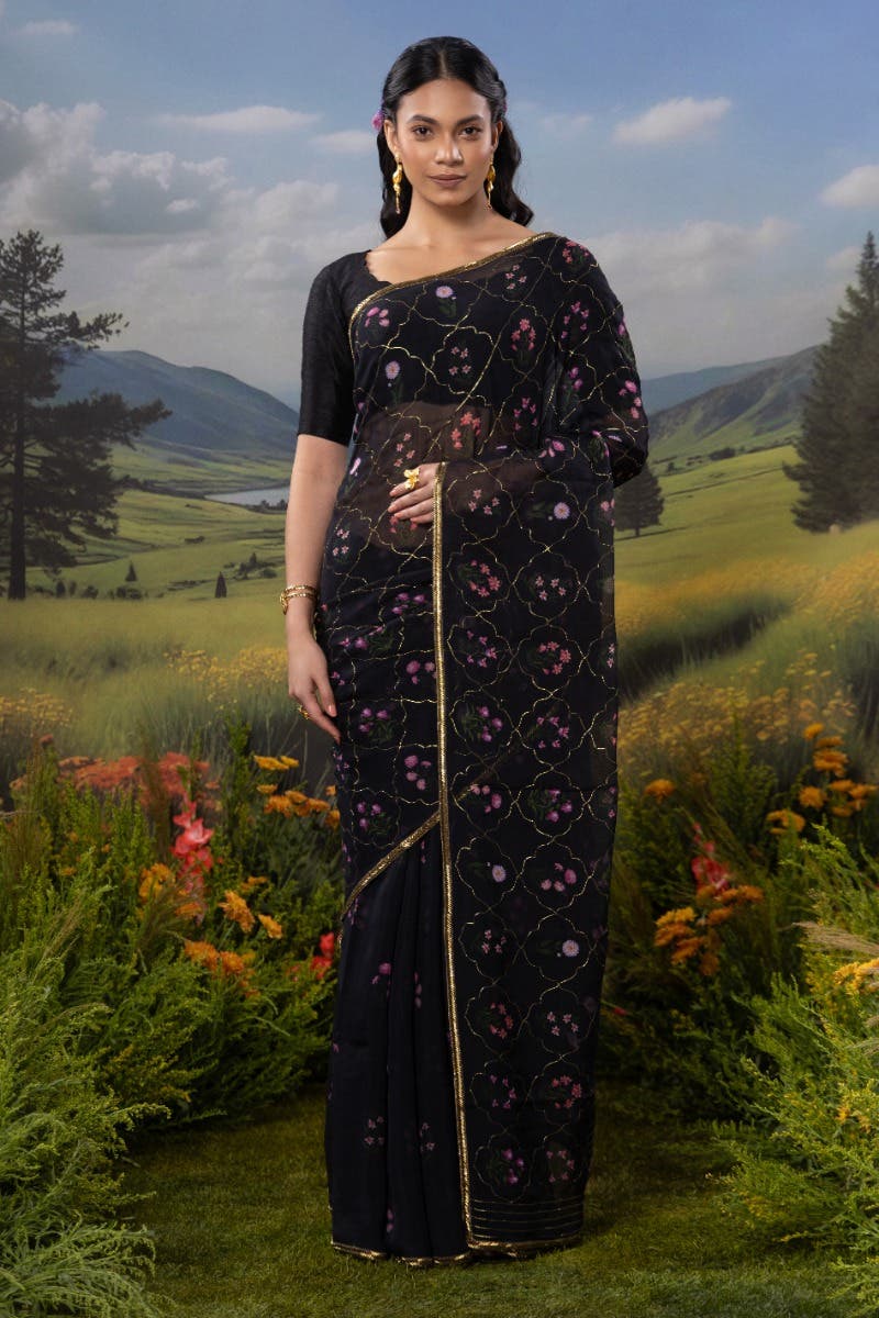 Courtyard of Love-Black Organza Silk Saree - Image 2