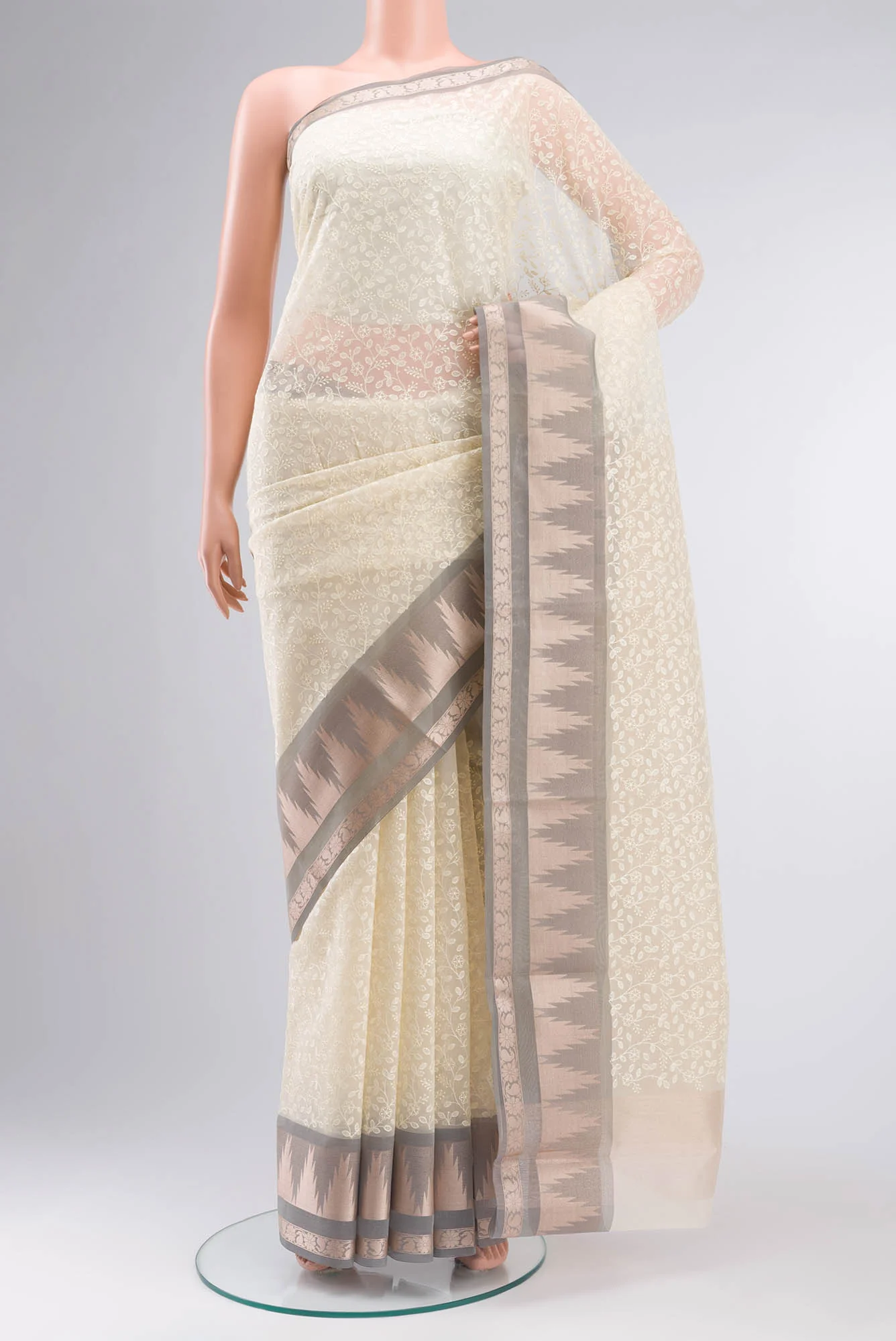 Cream Blended Kora Cotton Saree