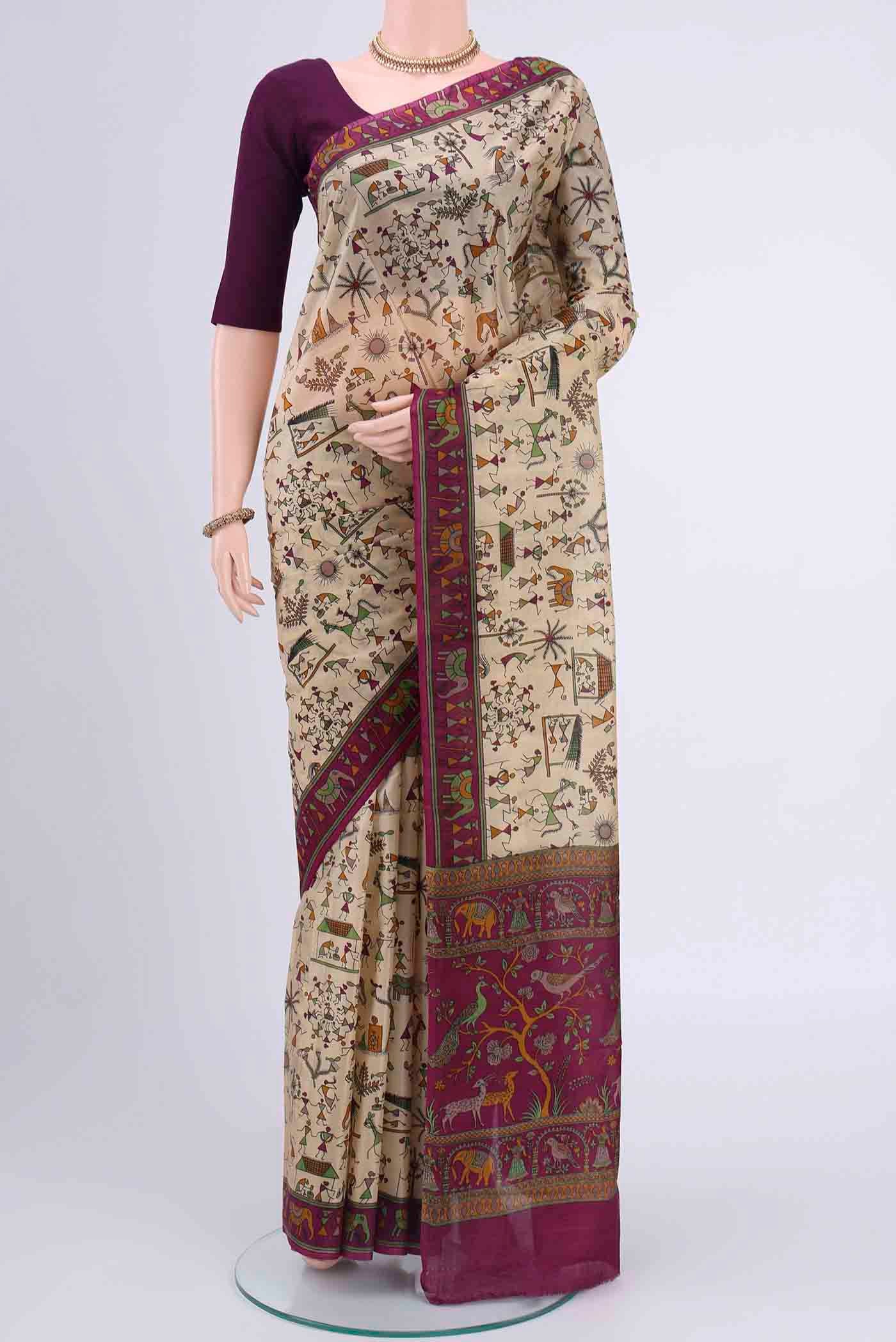 Cream Printed Silk Saree