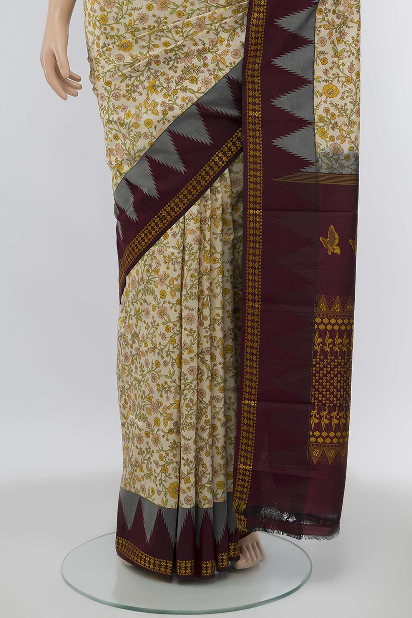 Cream Printed Silk Saree - Image 3