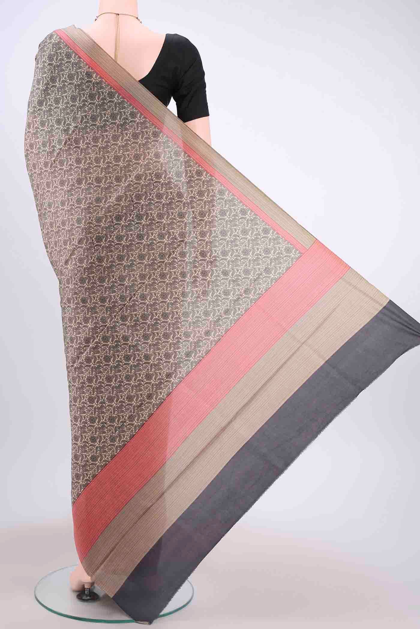 Cream Printed Silk Saree - Image 3