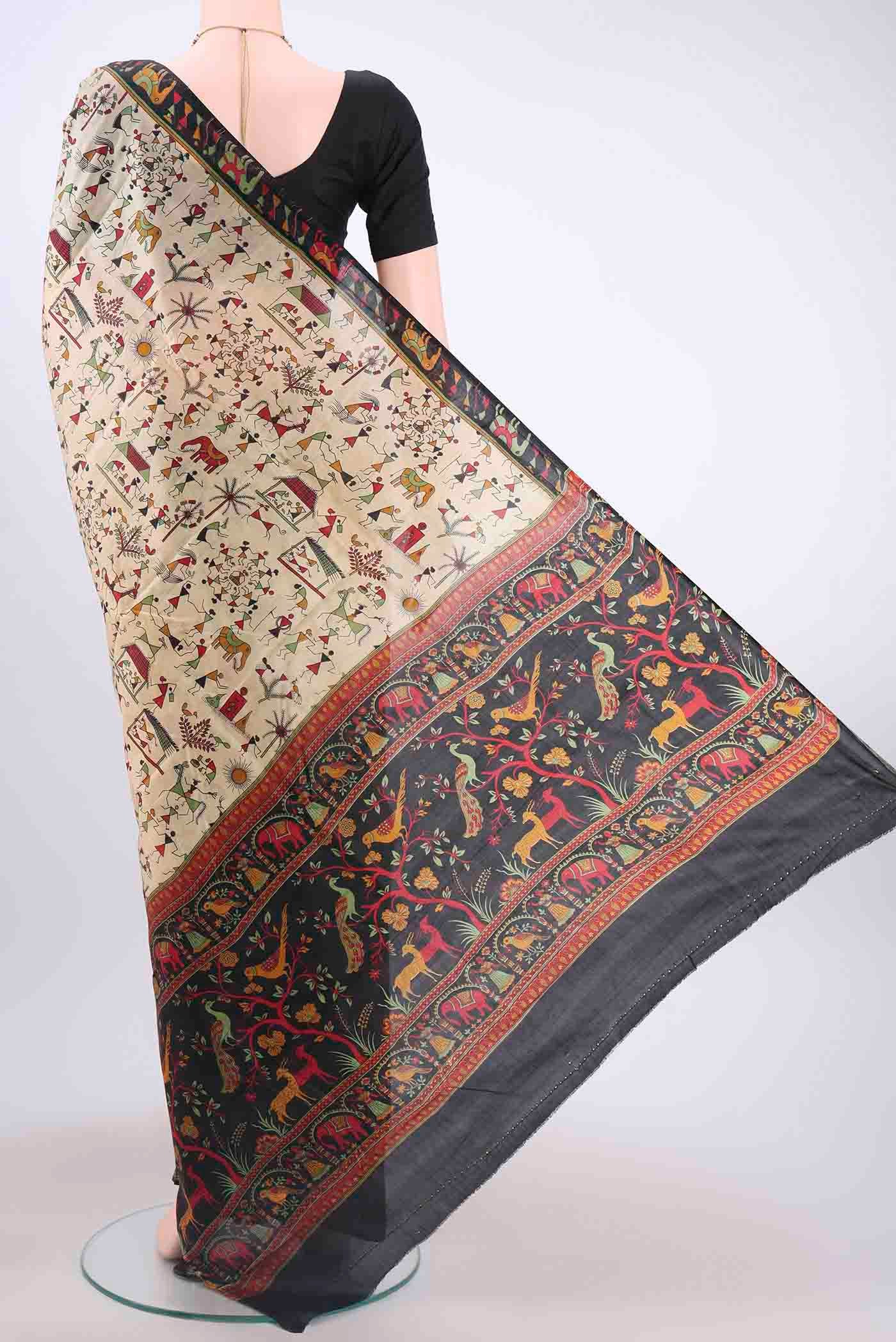 Cream Printed Silk Saree - Image 3