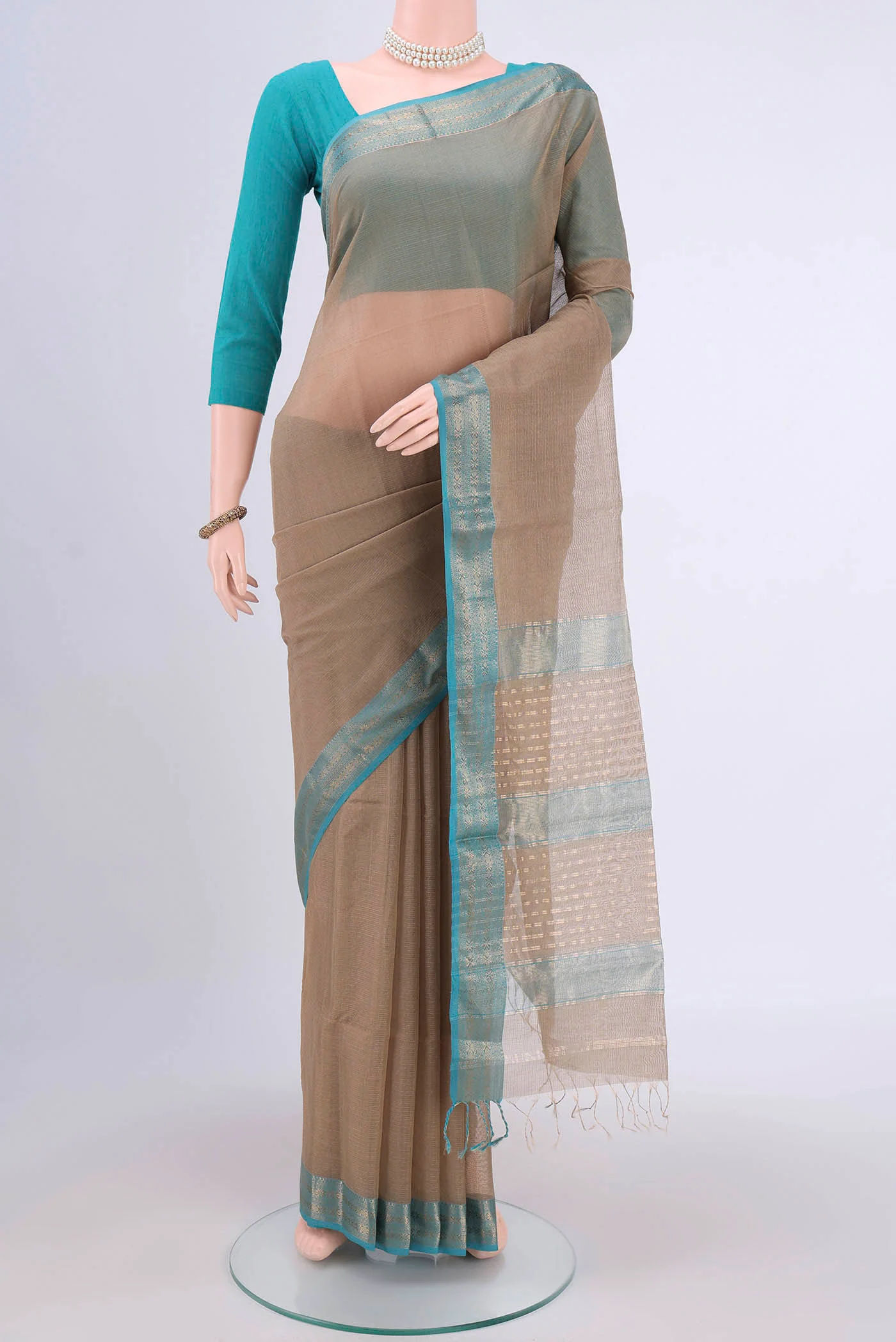 Dark Beige Maheshwari Silk Cotton Saree
