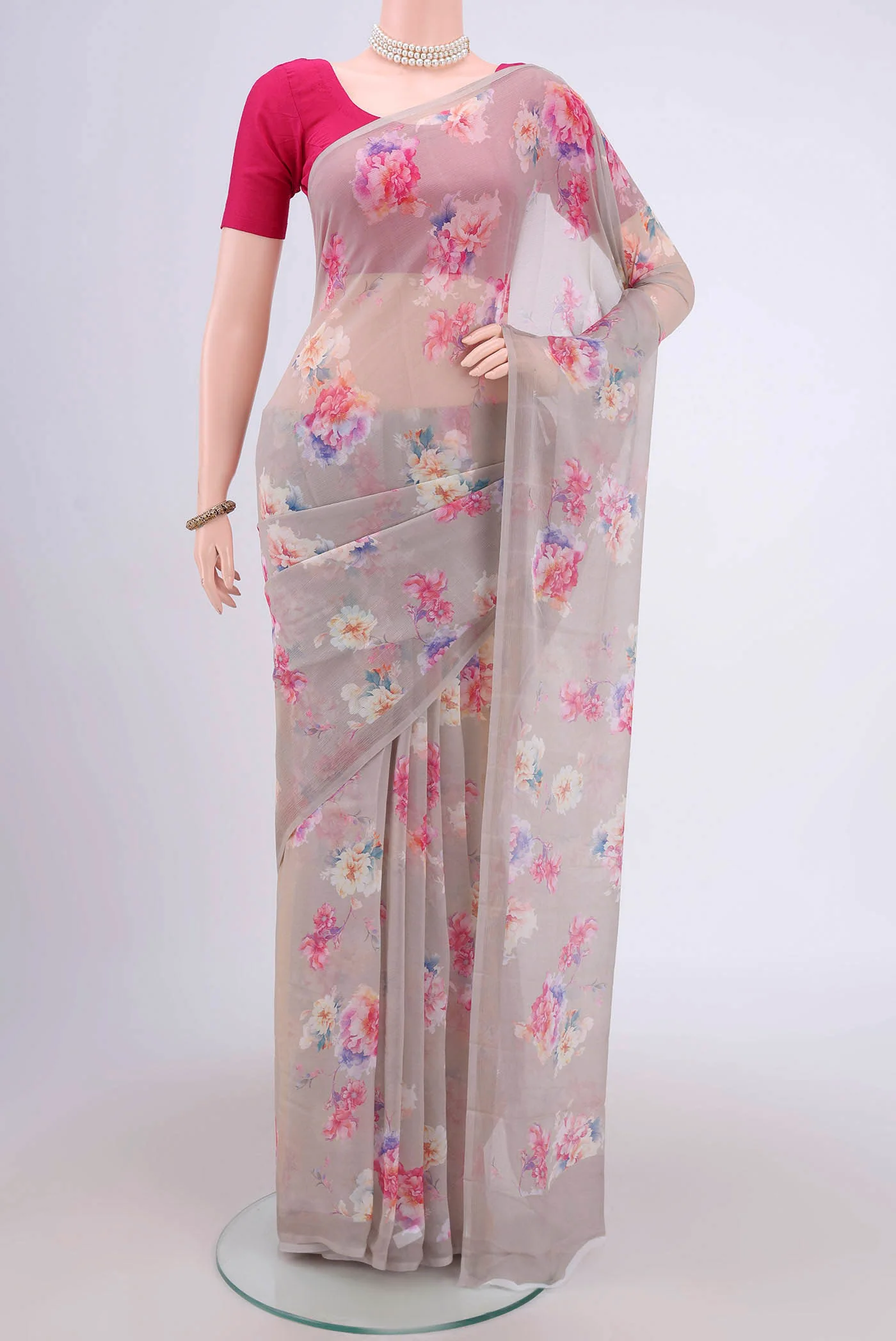 Grey Mysore Chiffon Saree