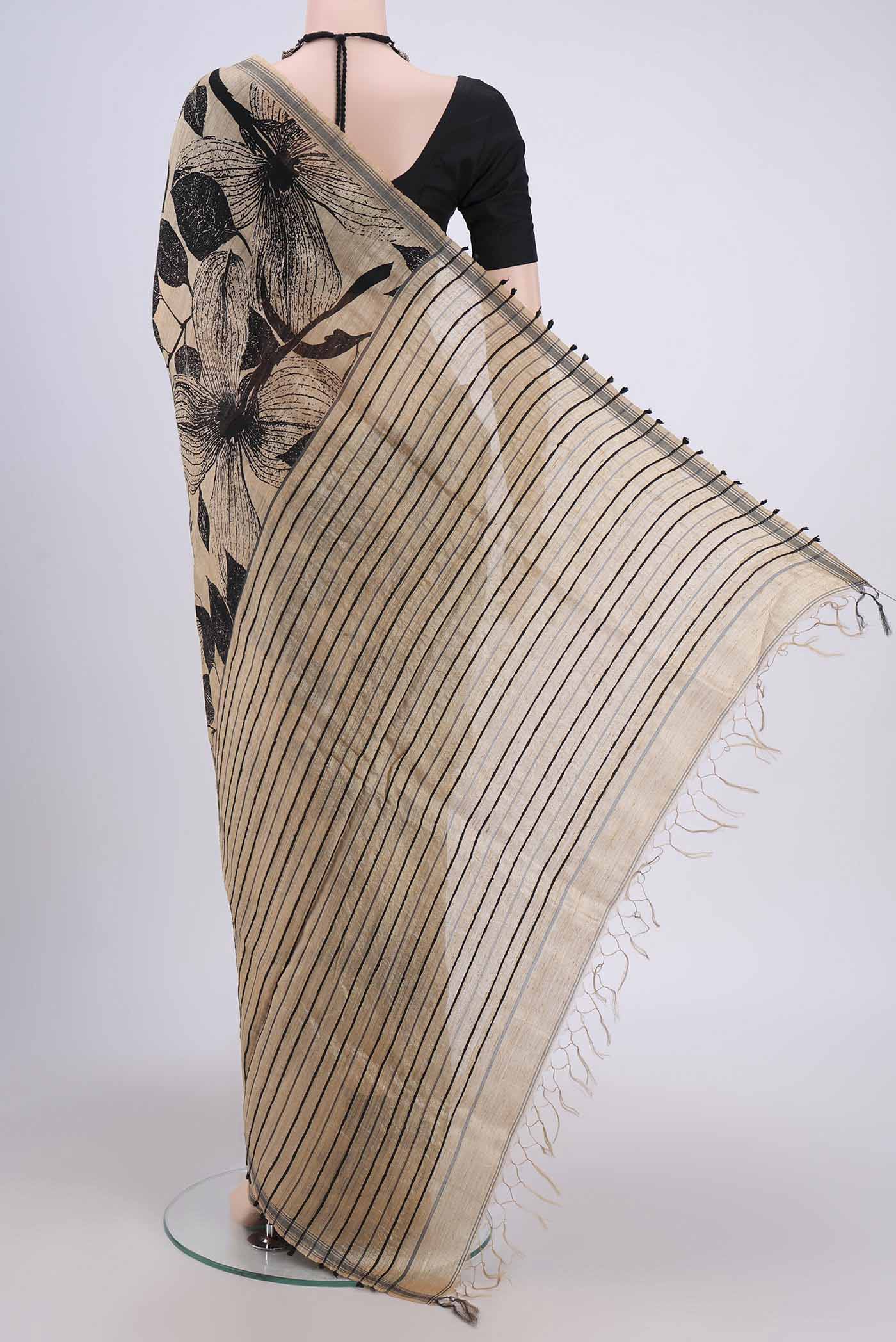 Dark Beige Tussar Silk Saree - Image 3