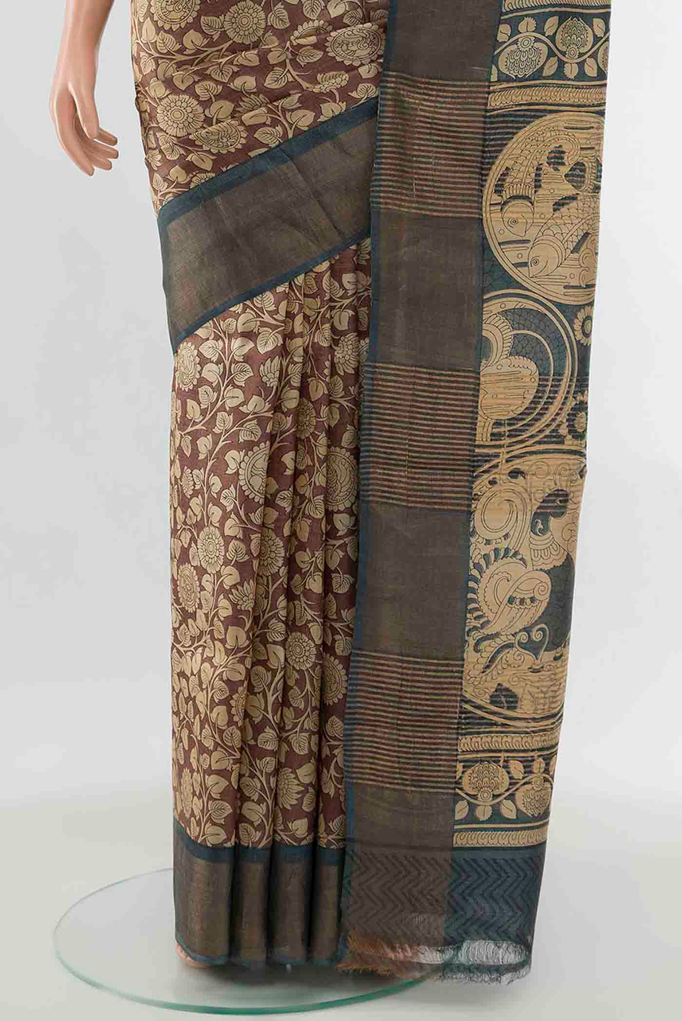 Dark Beige Tussar Silk Saree - Image 3
