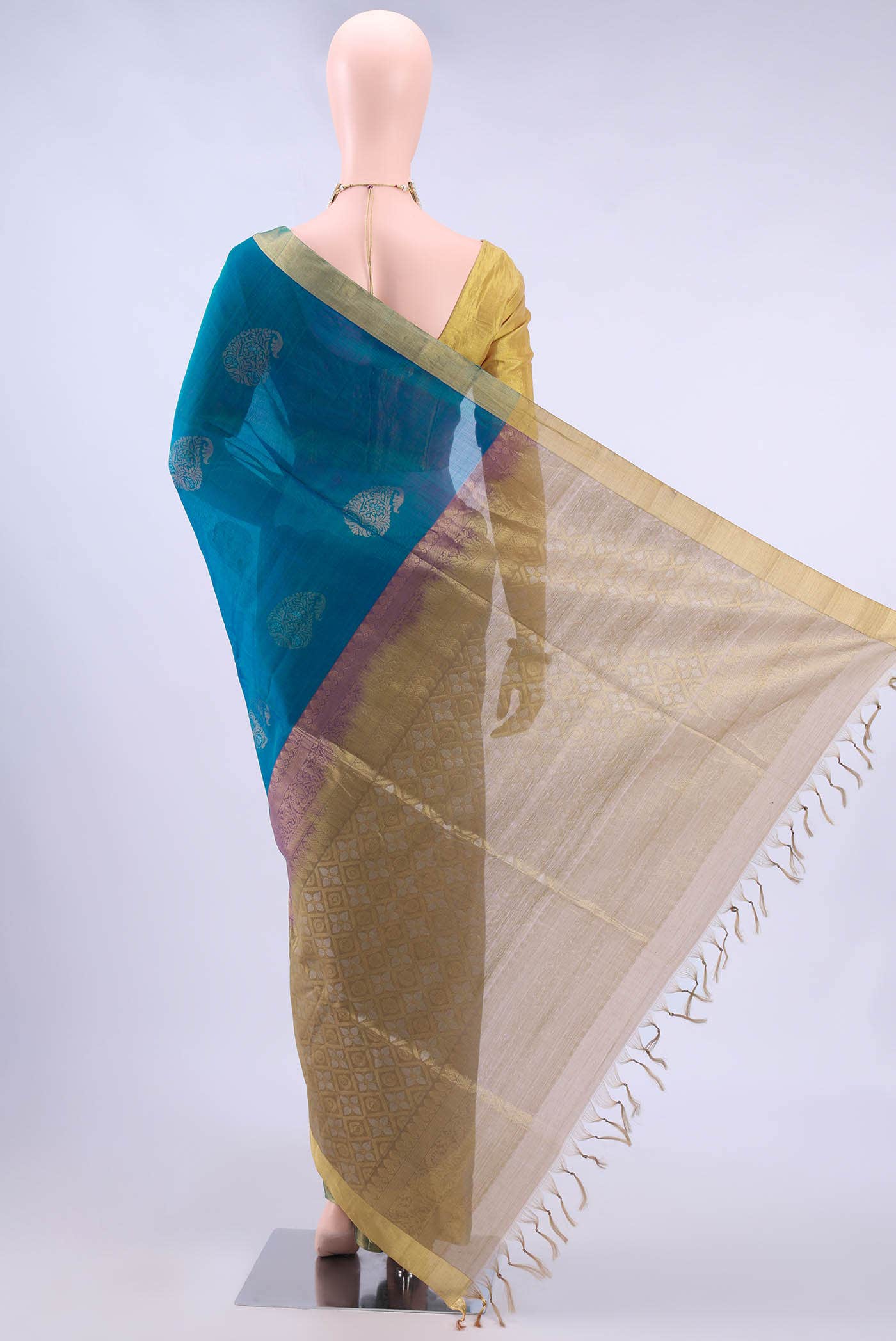 Dark Blue Kora Cotton Saree - Image 2