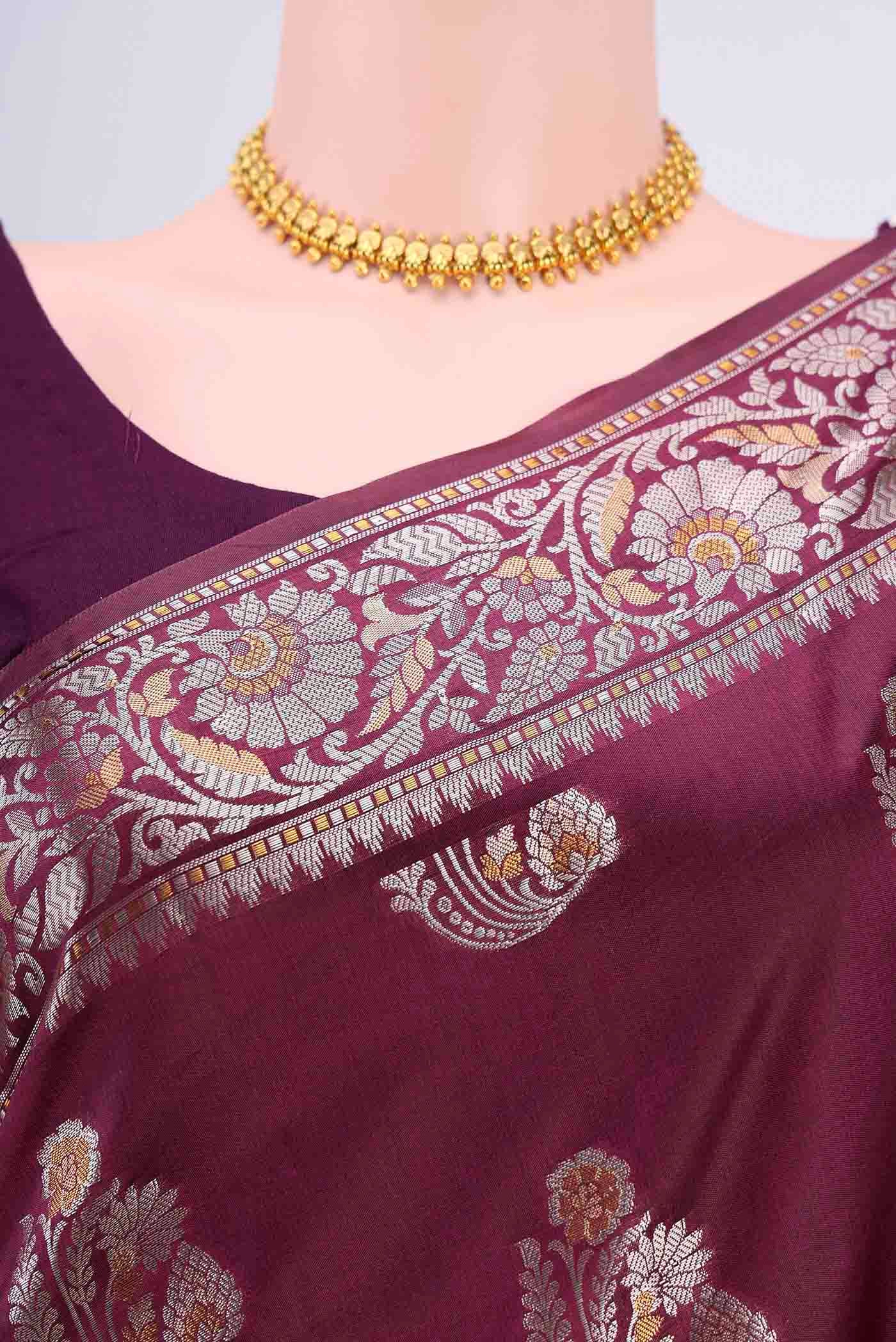 Dark Mauve Banarasi Raw Silk Saree - Image 2