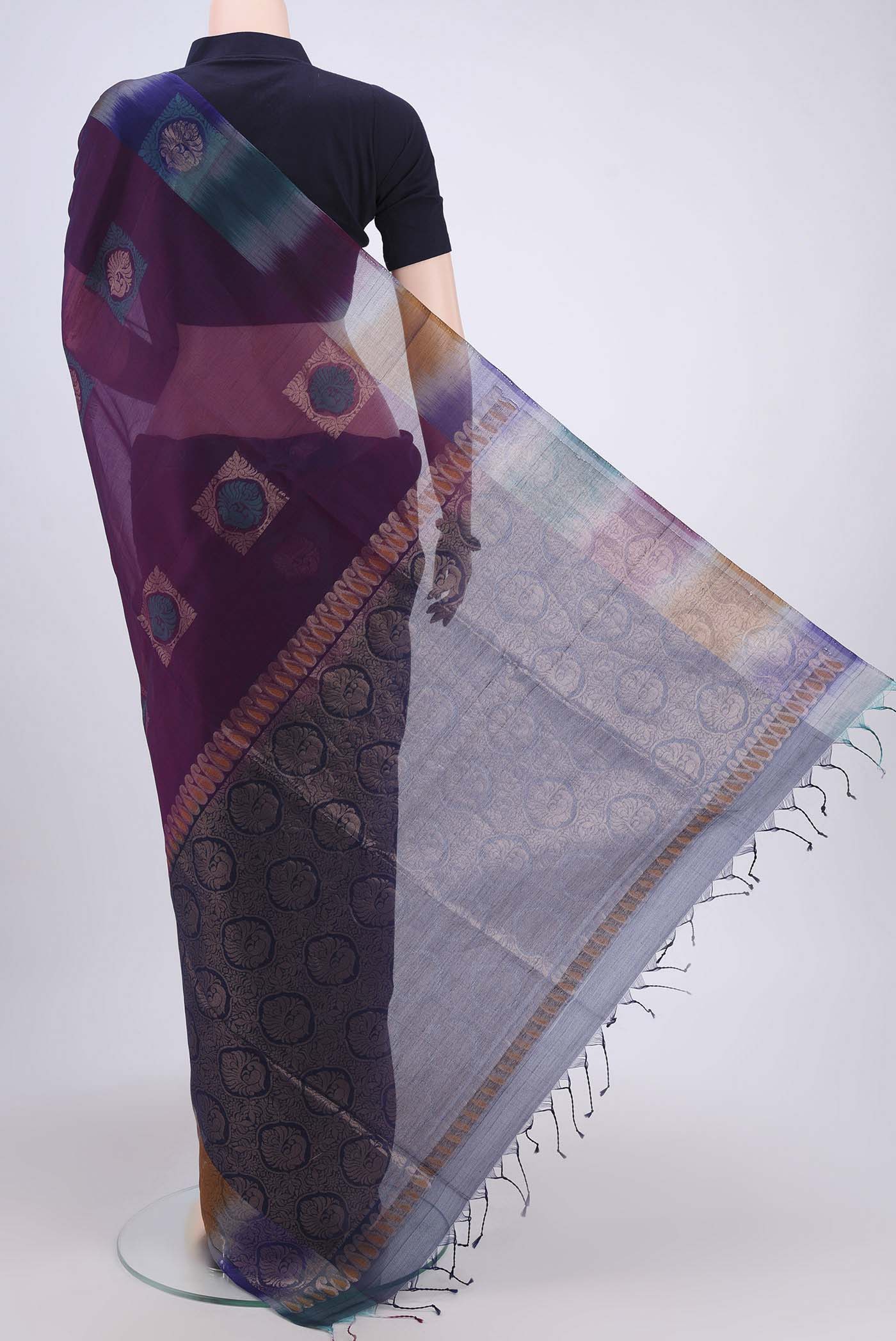 Purple Silk Cotton Saree - Image 3