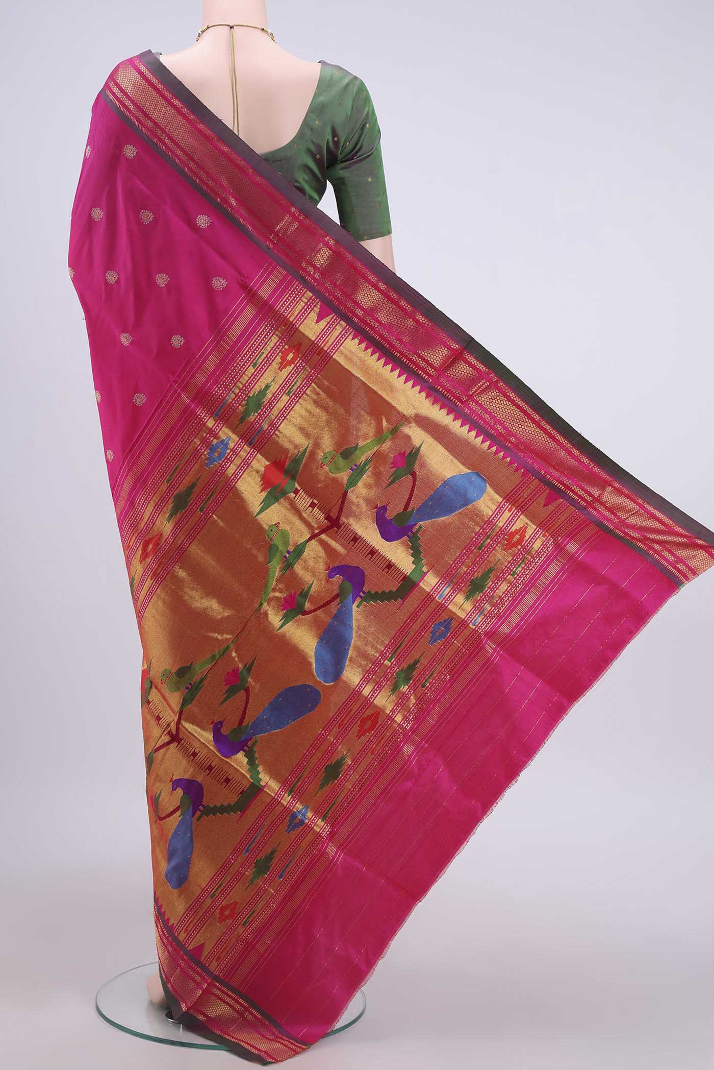 Dark Pink Dual Tone Paithani Silk Saree - Image 3