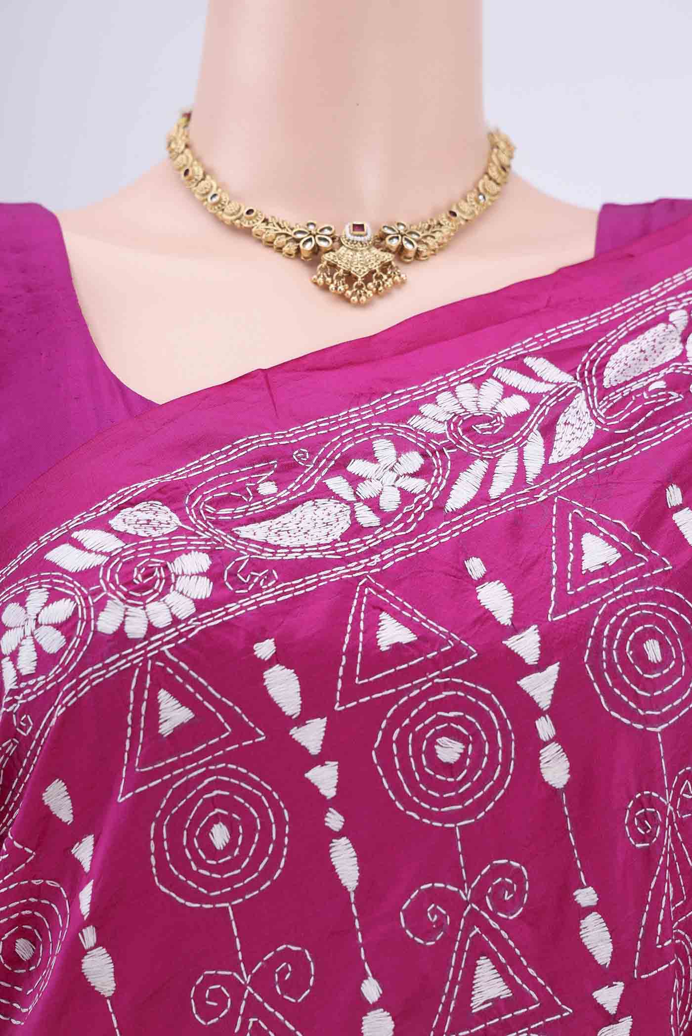 Dark Pink Kantha Silk Saree - Image 2