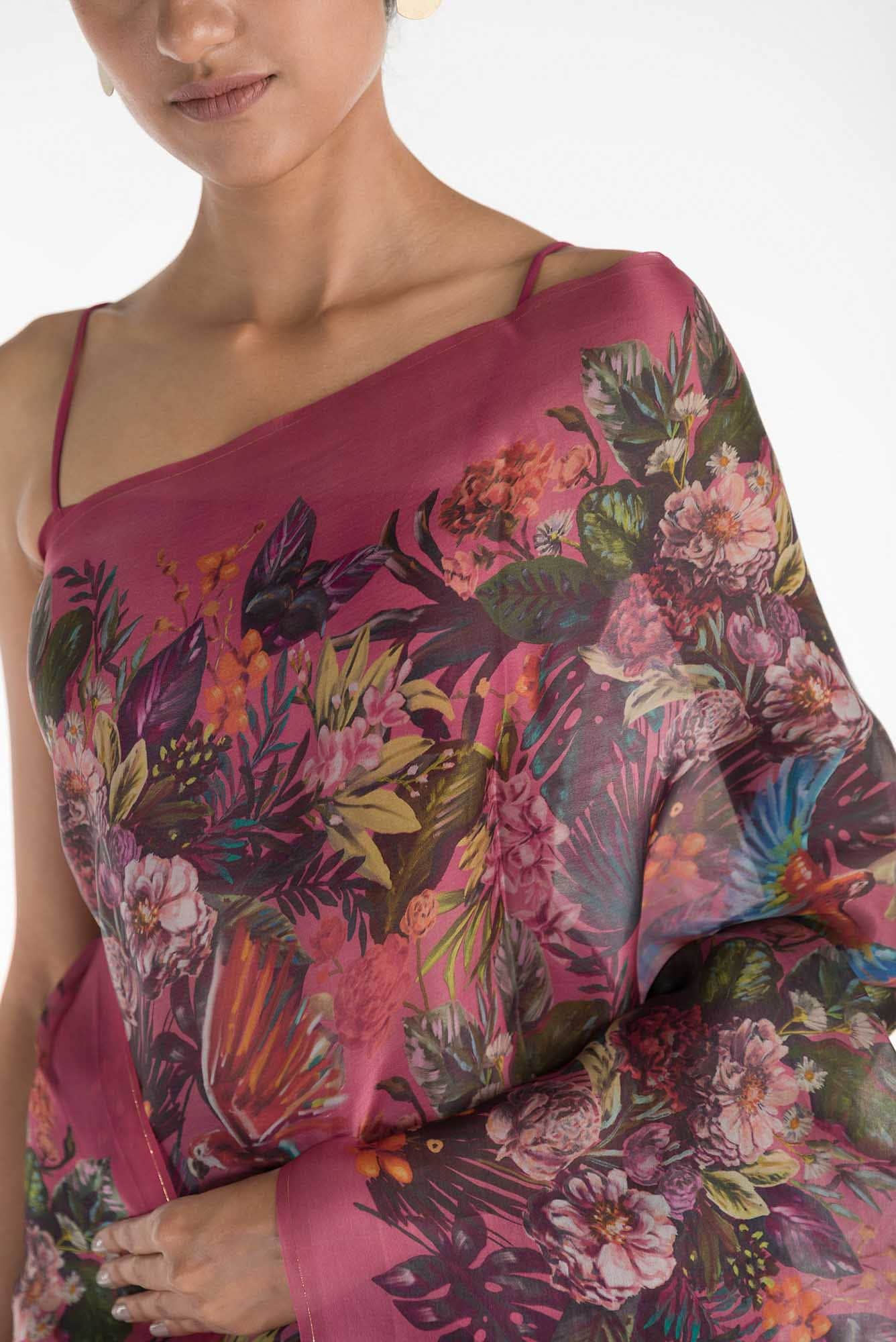 Hyacinth Macaws Dark Pink Satin Organza Saree - Image 2