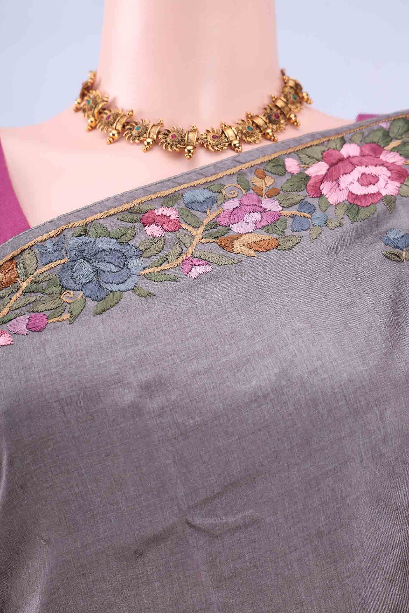 Davys Grey Parsi Embroidery Saree - Image 3