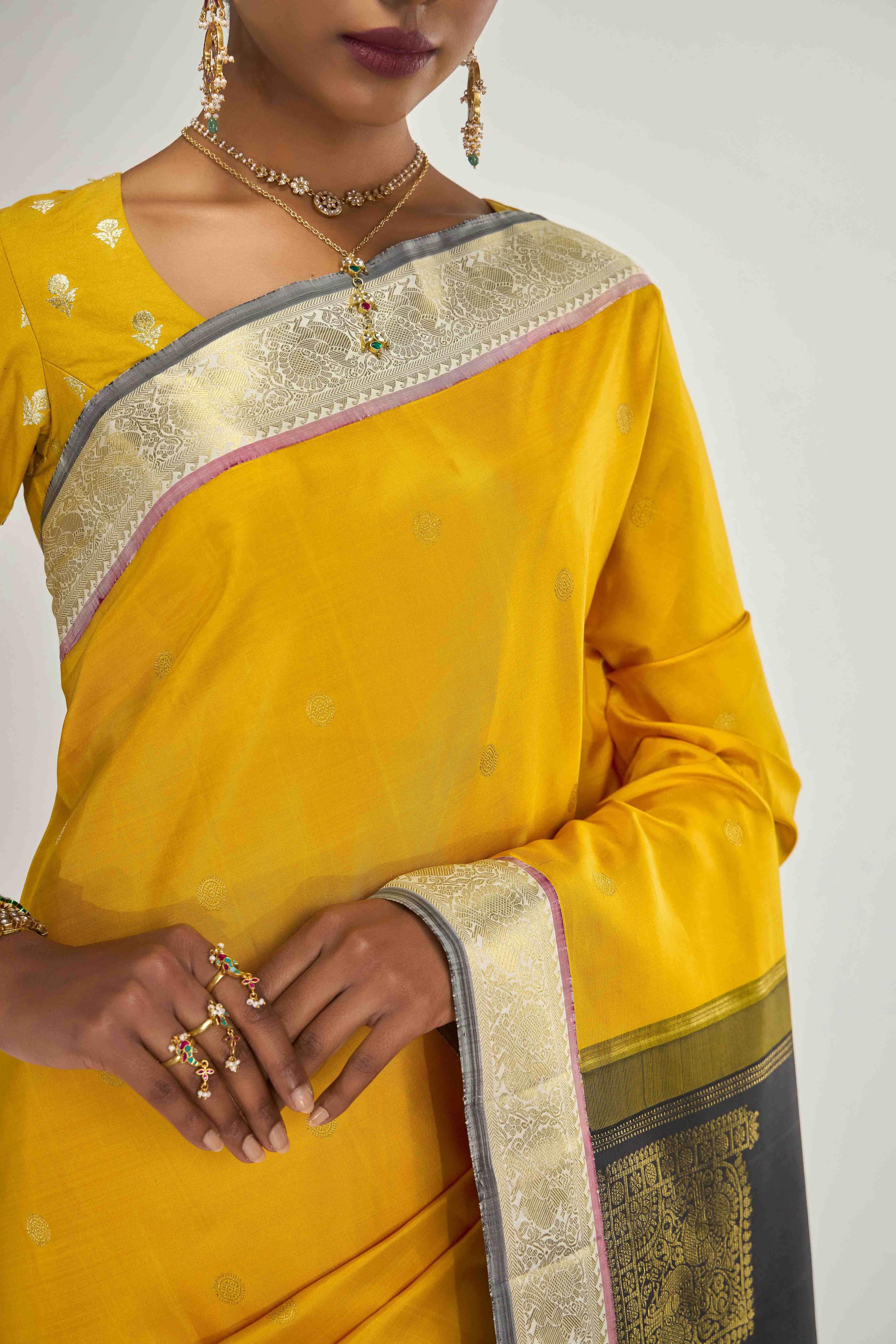 Dvisha-Pure Silk Pure Gold Zari Mustard Yellow Kanchipuram Saree - Image 2