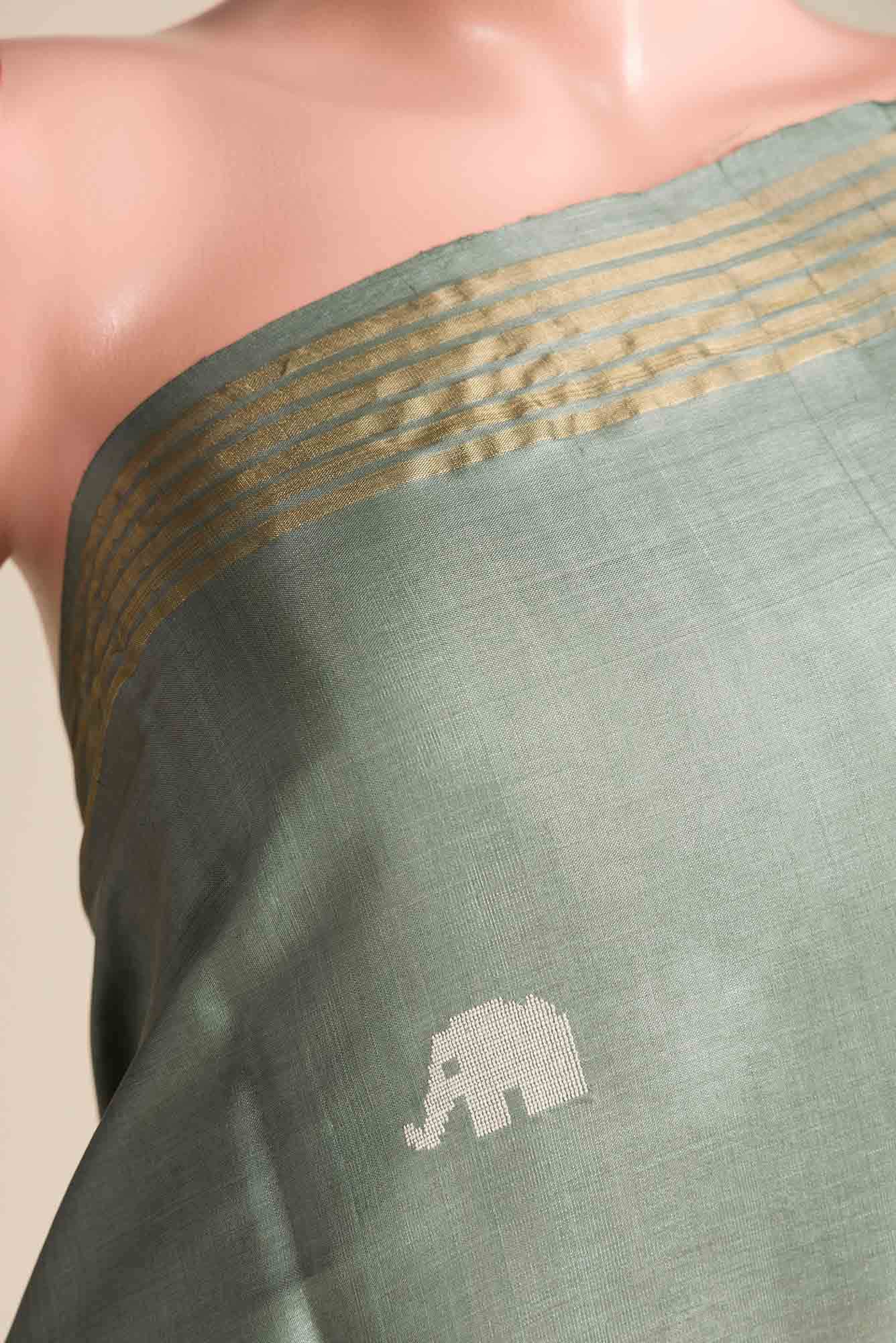 Elephant Whispers-Green Bhagalpuri Tussar Silk Saree - Image 2