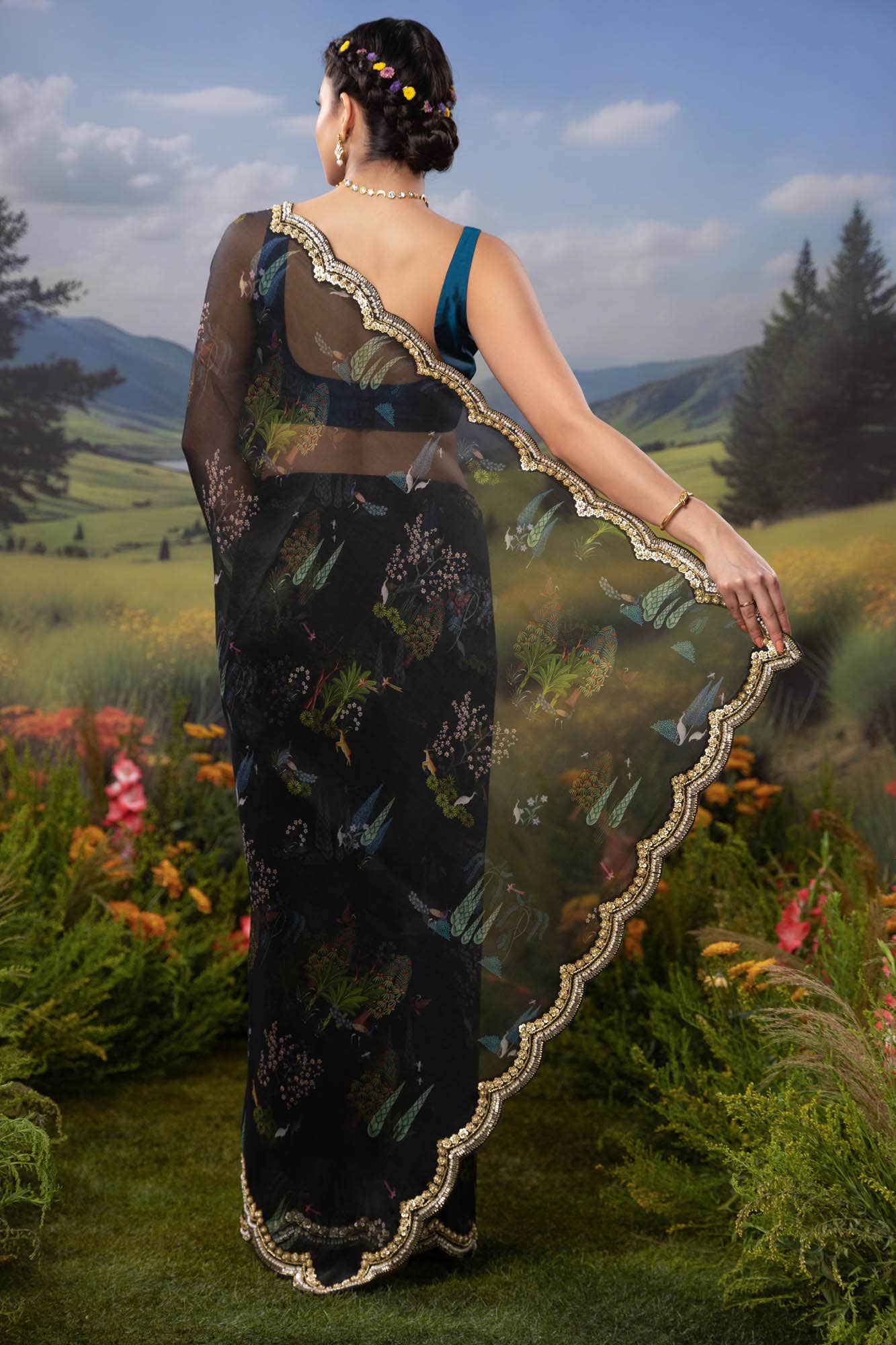 Enchanted Dreams-Dark Blue Pure Organza Silk Saree - Image 6