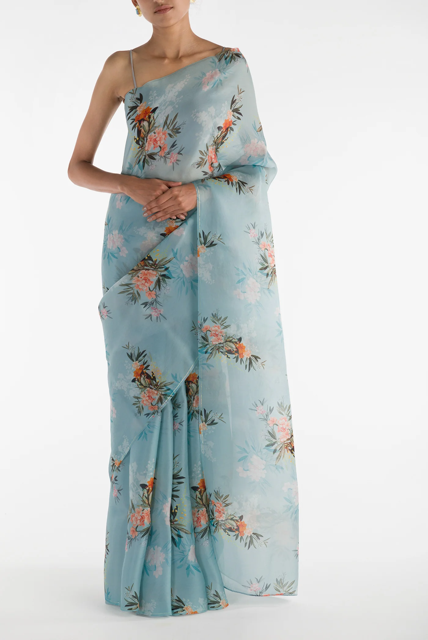 Enigmatic Bulbuls-Light Blue Satin Organza Saree