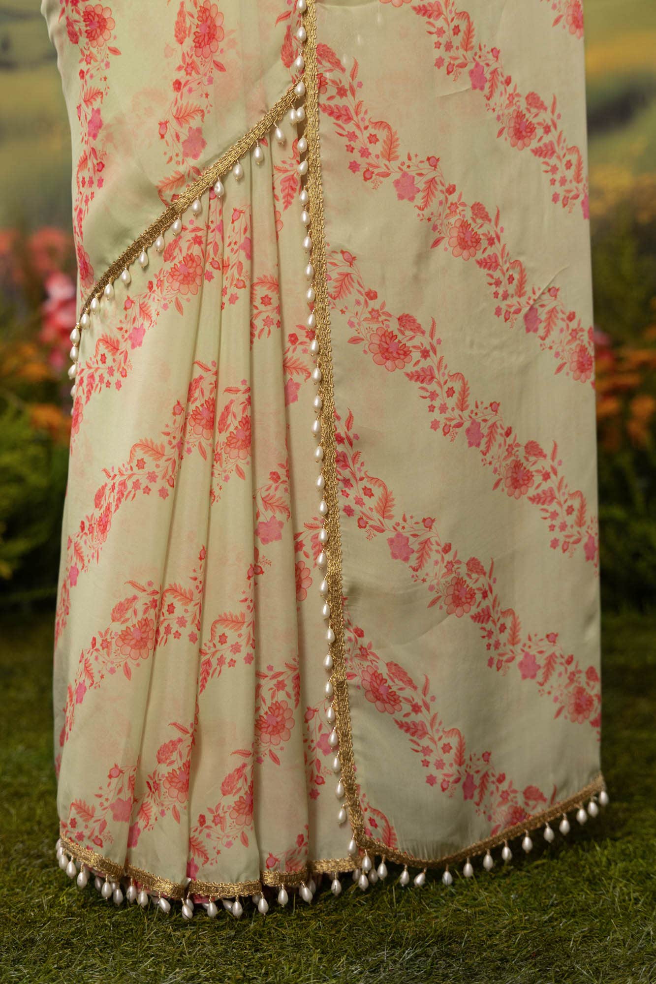 Floral Cascade-Pista Green Organza Silk Saree - Image 3