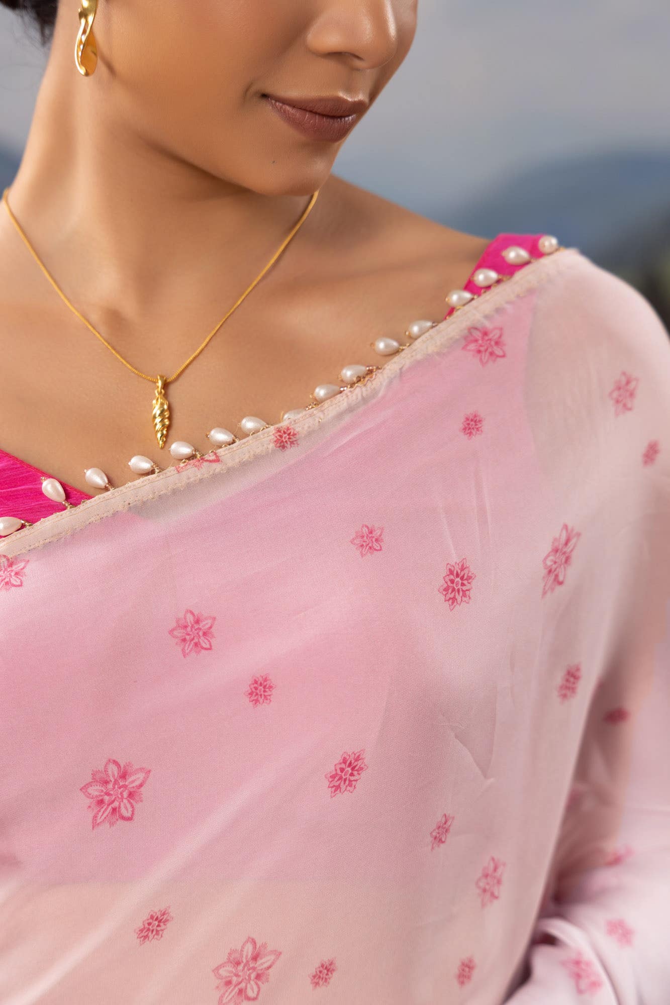 Flower Trails-Pastel Pink Organza Silk Saree - Image 2