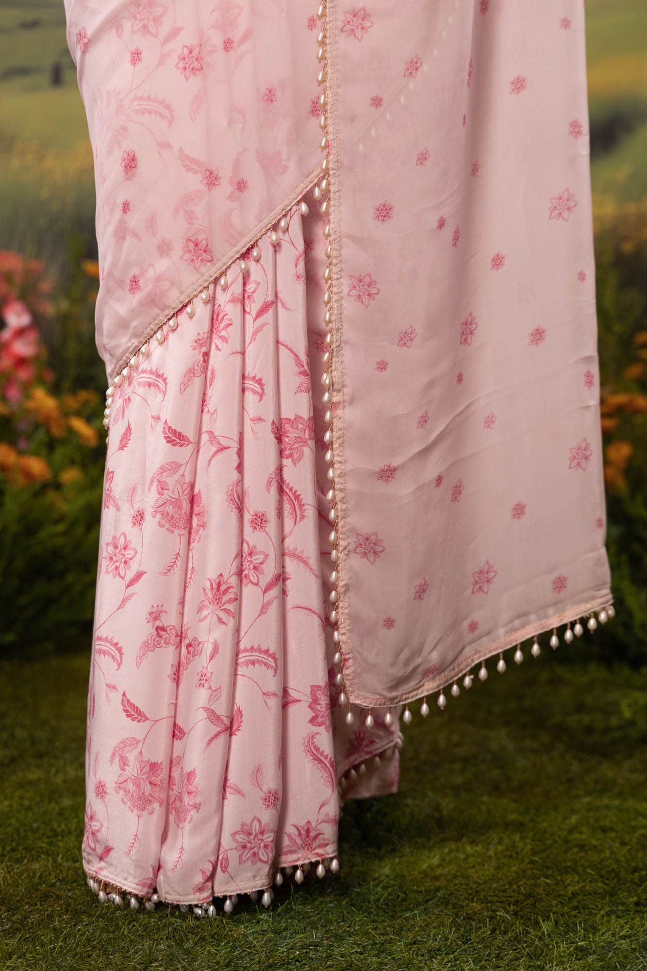 Flower Trails-Pastel Pink Organza Silk Saree - Image 3