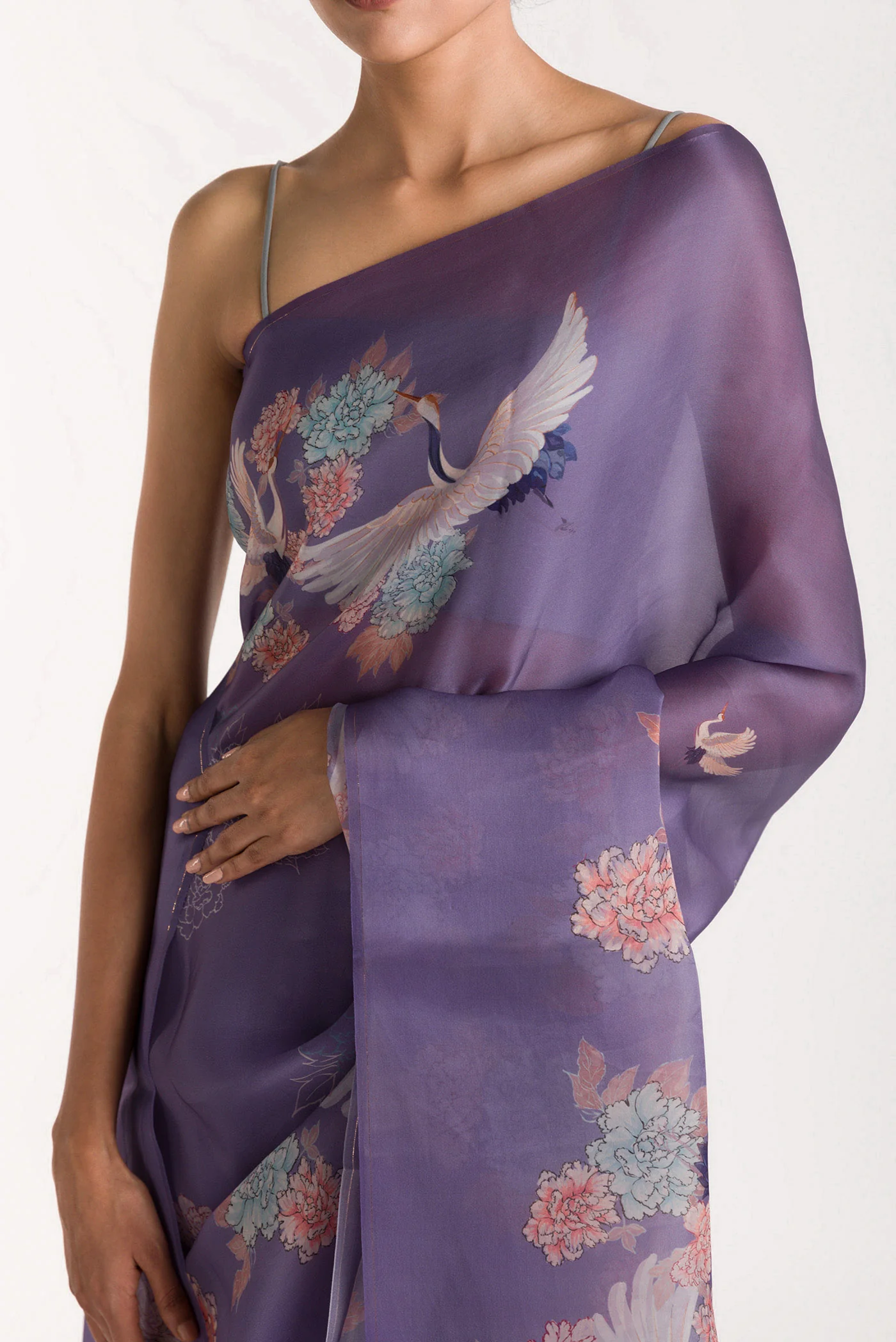 Flying Cranes-Lilac Satin Organza Saree - Image 2