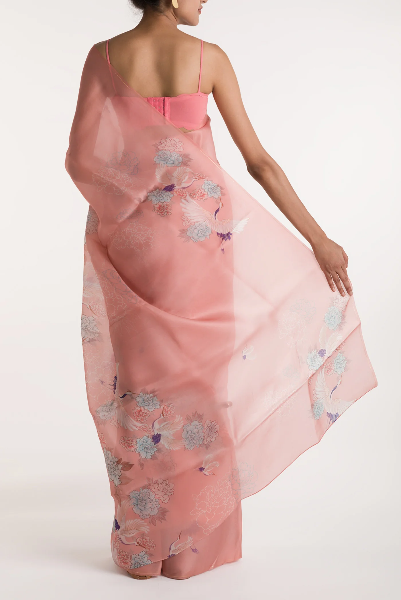 Flying Cranes-Pink Satin Organza Saree - Image 3